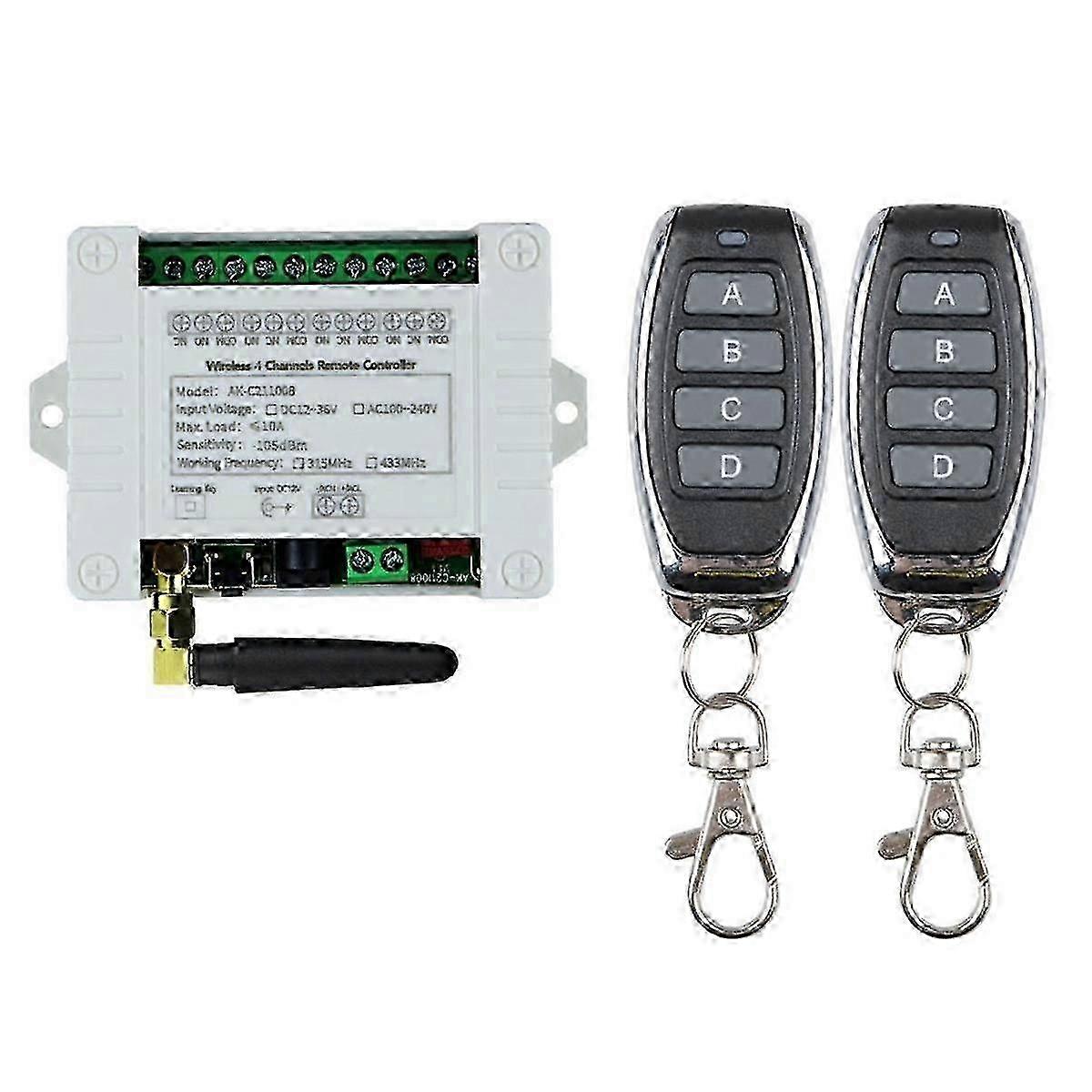 DC 12V 24V 36V 10A 433MHz 4 Channel Wireless Relay RF Remote Control Switch Receiver+4CH Transmitter,1 Receiver 2 Remote jn