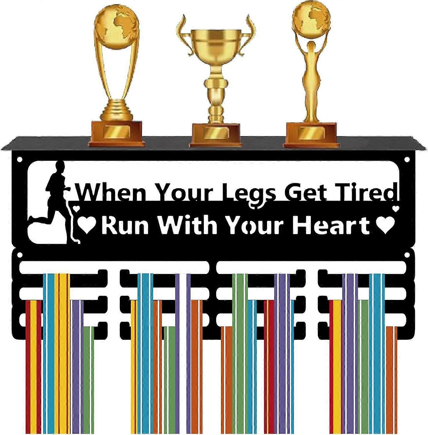 Running Medal Holder Trophy Display Shelf Black Rectangle Iron 3 Row Hold 60+ Medals Wall Mount Ribbon Award Rack Hanger Stand for Home Runner Sporter