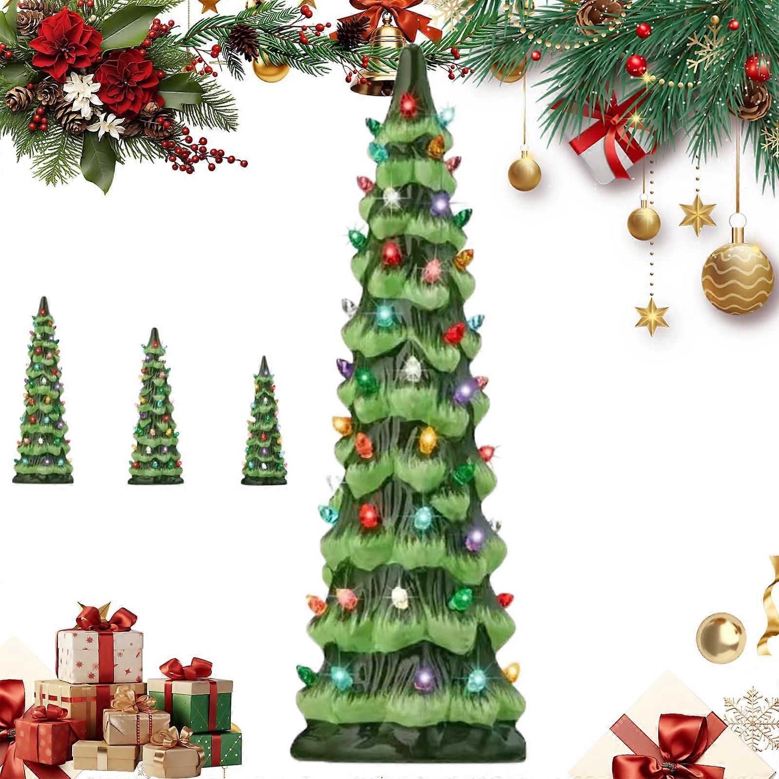 Ceramic Christmas Tree Hand Painted Vintage Style with Colorful LED Lights and Timer 12in Tabletop