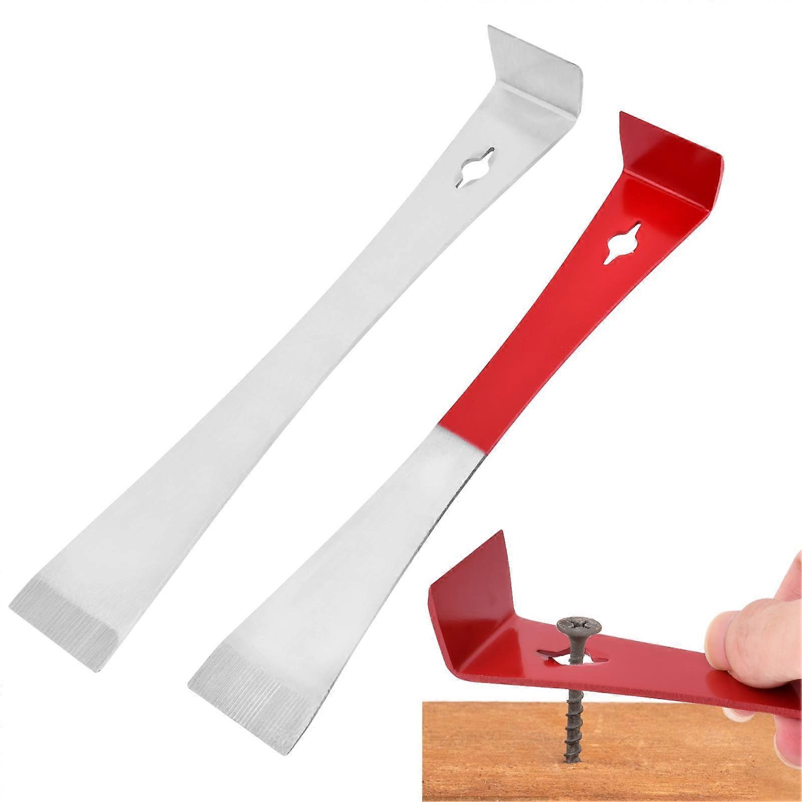 2pcs Stainless Steel Pry Bar Set with Nail Puller for Baseboard and Floor Work, Silver and Red