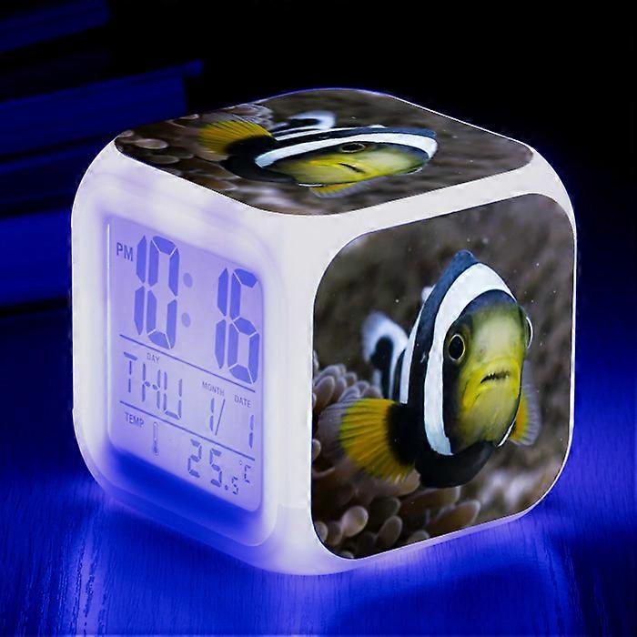 Underwater World Clownfish Creative Alarm Clock LED Seven-Color Changing Square Clock Desktop Silent Multifunctional Electronic Clock
