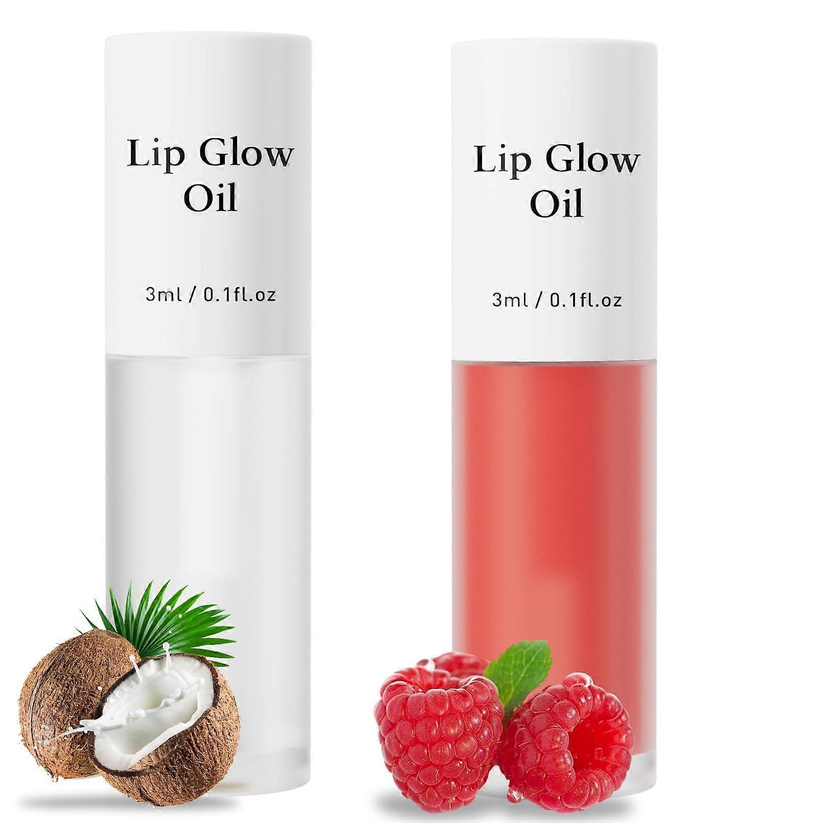 2 Pack Plumping Lip Oil with SPF15, Fruit Flavored Hydrating Gloss for Dry Lips (Coconut Raspberry)