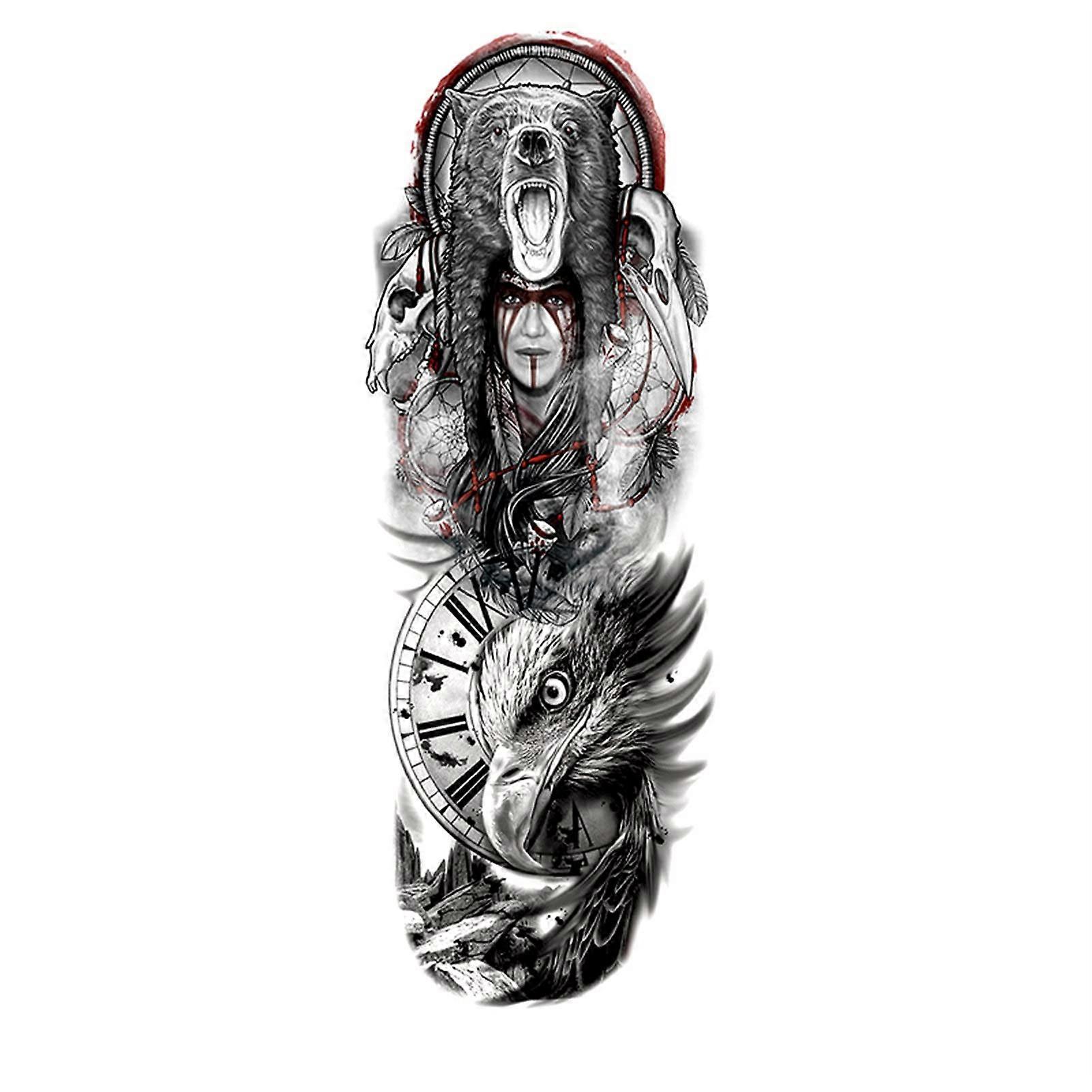 Waterproof Celtic Druid Bear and Eagle Full Arm Temporary Tattoo Sleeves for Men