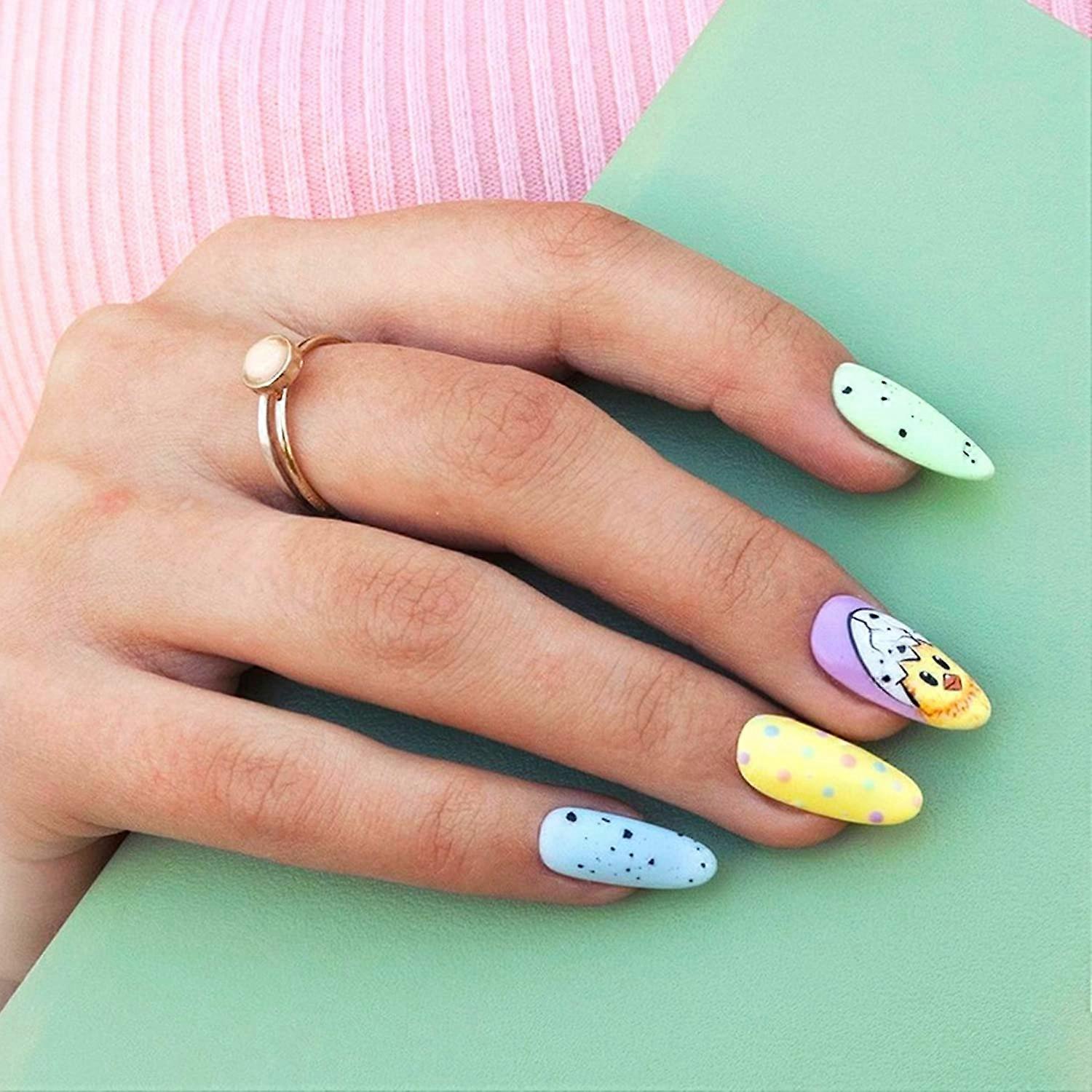 Easter Press On Nails Almond Shape Cute Chick Design Acrylic False Nail Set 24pcs Mixed Textures