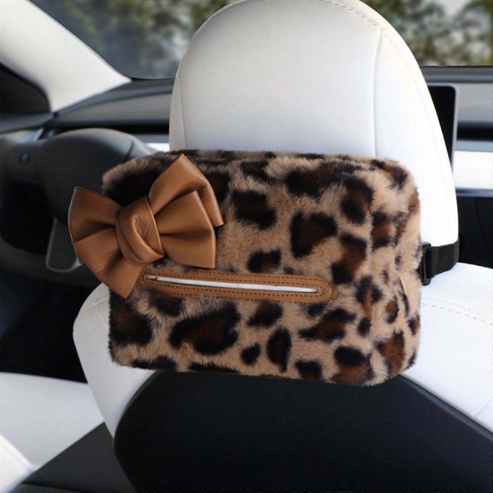 Car Tissue Box Holder with Warm Leopard Plush Design, Deep Coffee Armrest Tissue Case for Trucks