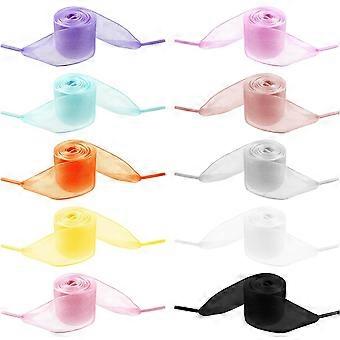 10 pares de cadarços de fita, cadarços de organza para tênis femininos, cadarços de cetim de seda macio com fios de neve, cadarços transparentes coloridos.