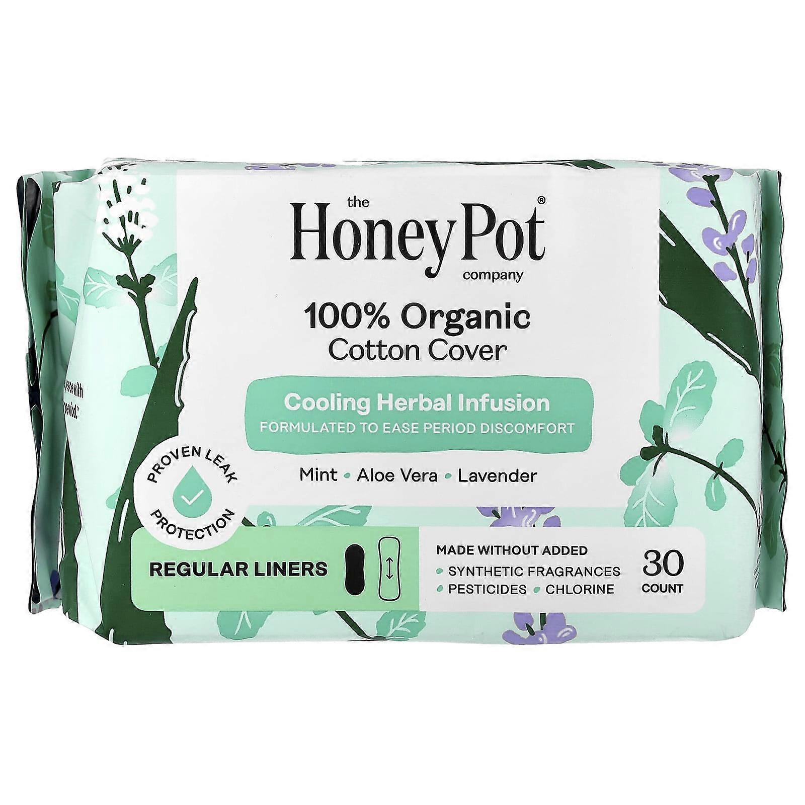 The Honey Pot Company, 100% Organic Cotton Cover, Cooling Herbal Infusion, Regular Liners, 30 Count,