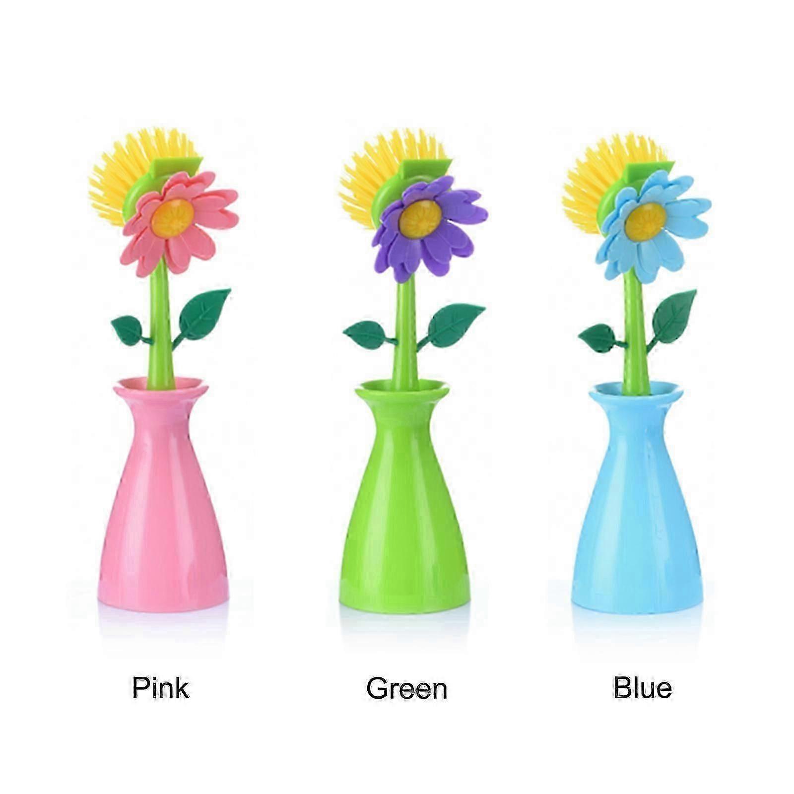 Multi-Function Sunflower Long Handle Dish Brush PP+TPR Kitchen Tool--Blue