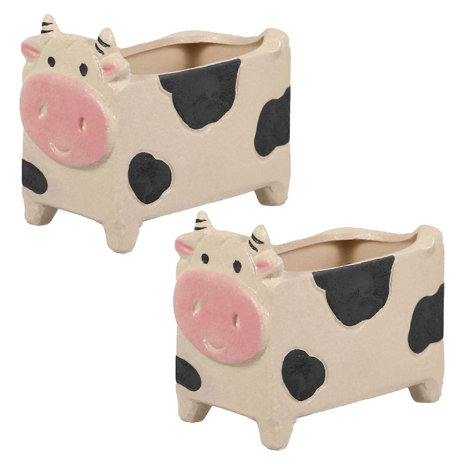 Beige Ceramic Flowerpot for Bonsai Decoration 2Pcs Set