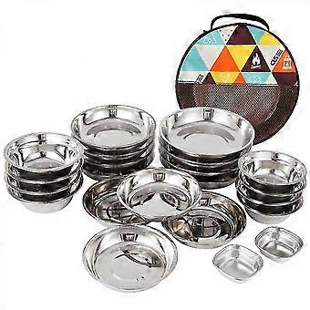 Outdoor Camping Plates Cups Bowls Set 22-Piece Stainless Steel for Hiking