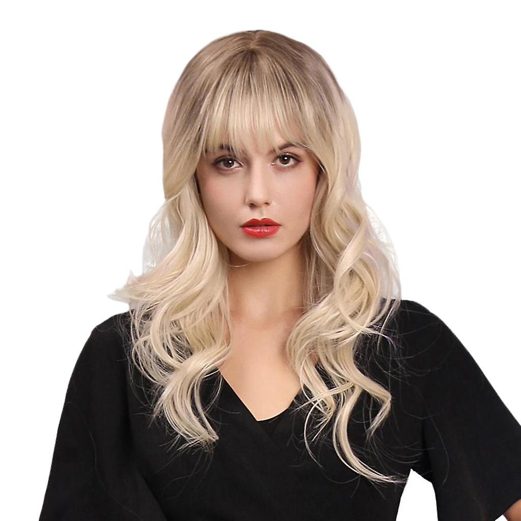 Women 22'' Synthetic Wavy Curly w/ Neat Bangs Blonde Full Wig for Costume