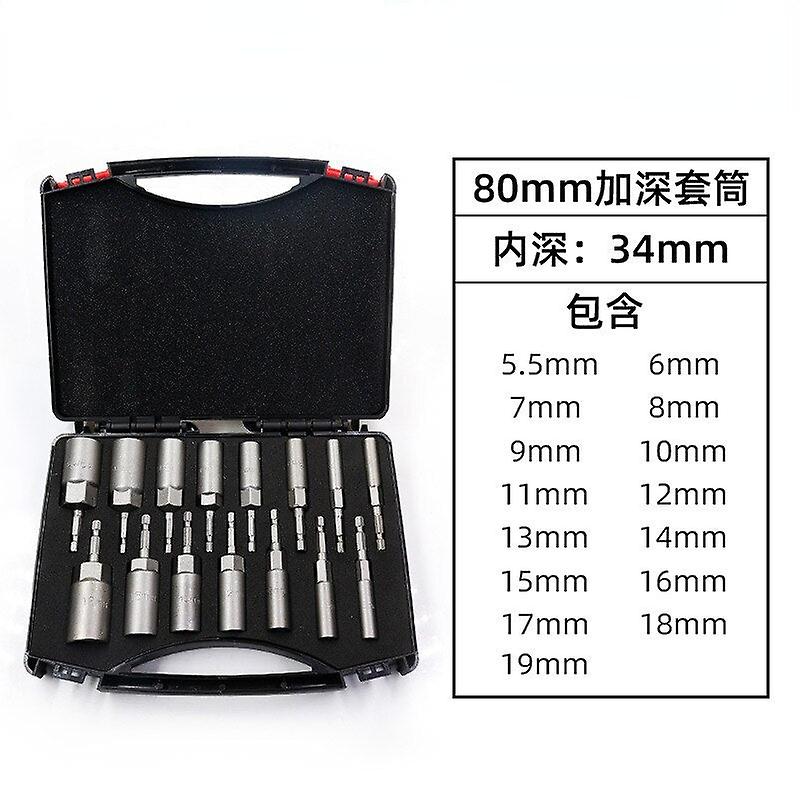 80Mm Length Deepen Power Nut Driver Drill Bit Set 5.5-19mm Impact Socket Adapter For Power Tools 6.35mm Hex Shank