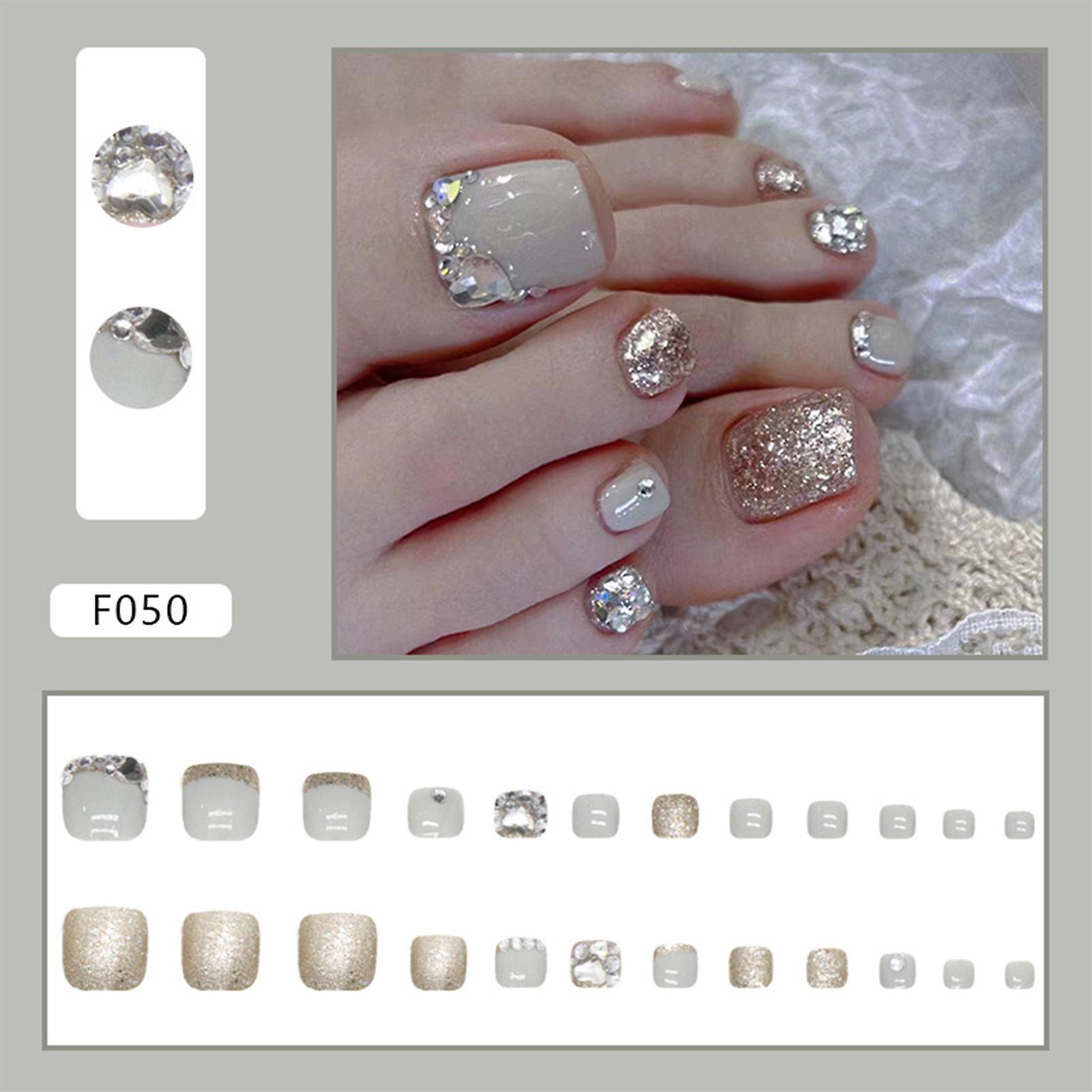 Champagne Sequins Press On Toenails Long Lasting Safe Material Waterproof False Nails