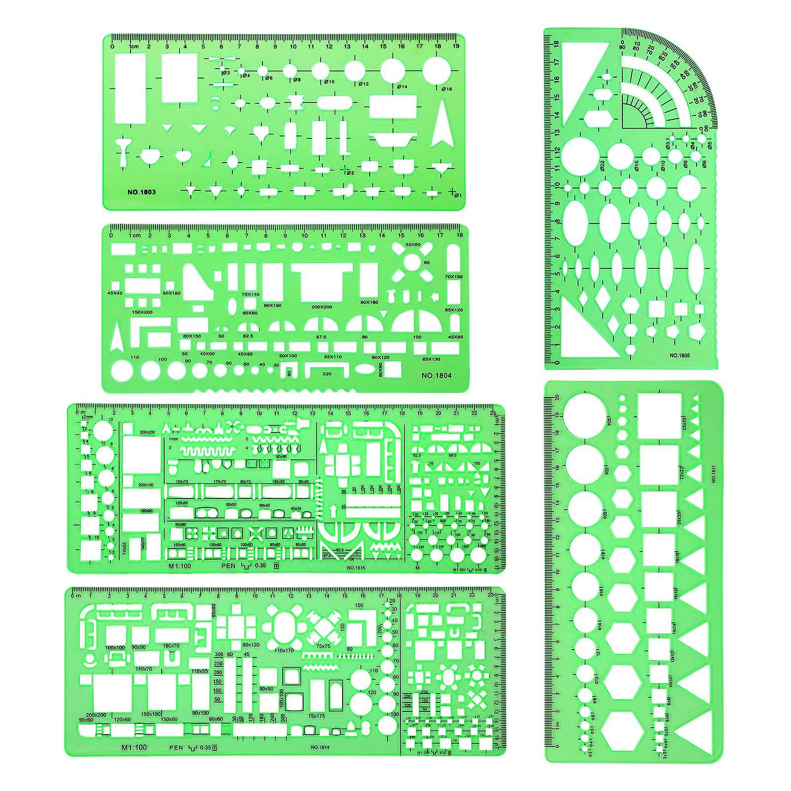 6 Pcs Architect Multi Purpose Drawing Template Set House Plan Interior Design and Furniture Drafting Tool Ruler