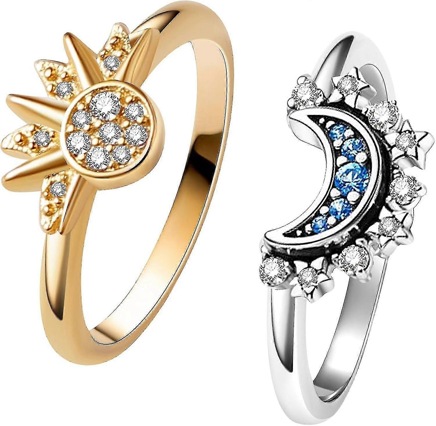 Celestial Sun and Moon Ring Set -  Sparkling Sun Ring/Blue Moon Ring with 14k Gold/Silver Plating