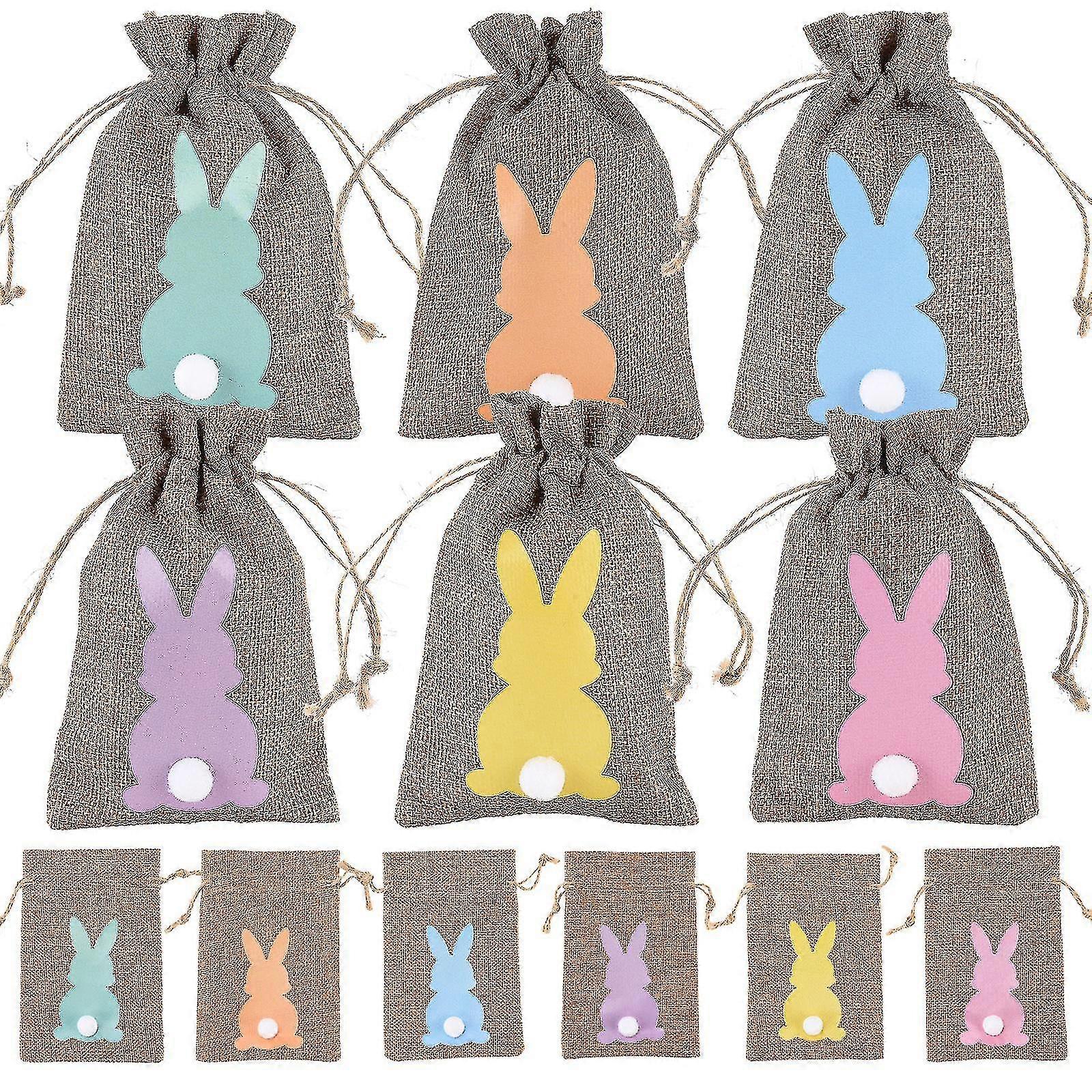 24pcs Easter Bunny Burlap Gift Bags With Drawstring Rabbit Linen Candy Bag