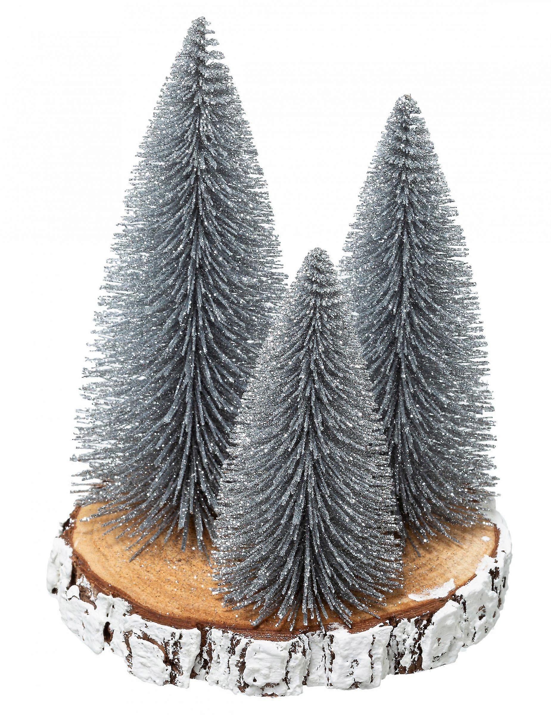 Dcoration sapins argents sur rondin 20 x 15 cm