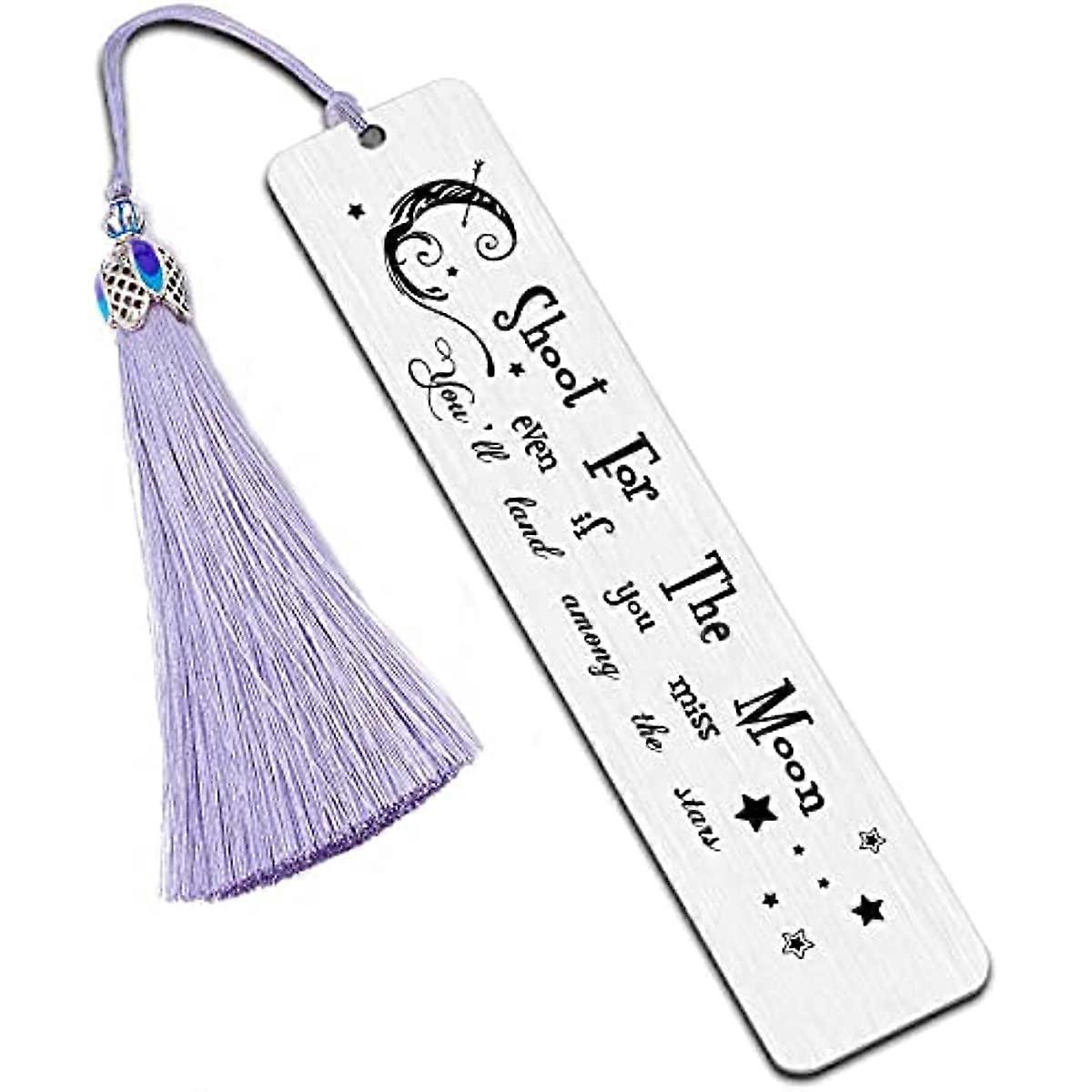 Inspirational Stainless Steel Bookmarks Shoot for The Moon Even If You Miss Metal Bookmark Engraved Bookmark with Tassel & Gift Box Inspirational Gift