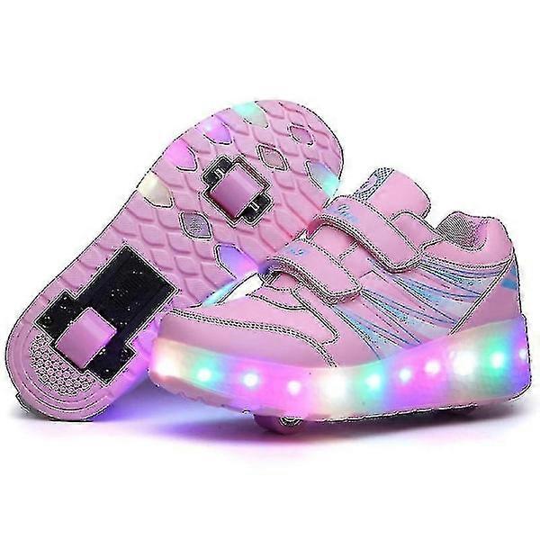 Luces led patines patines dobles ruedas patines recargables USB Rosa