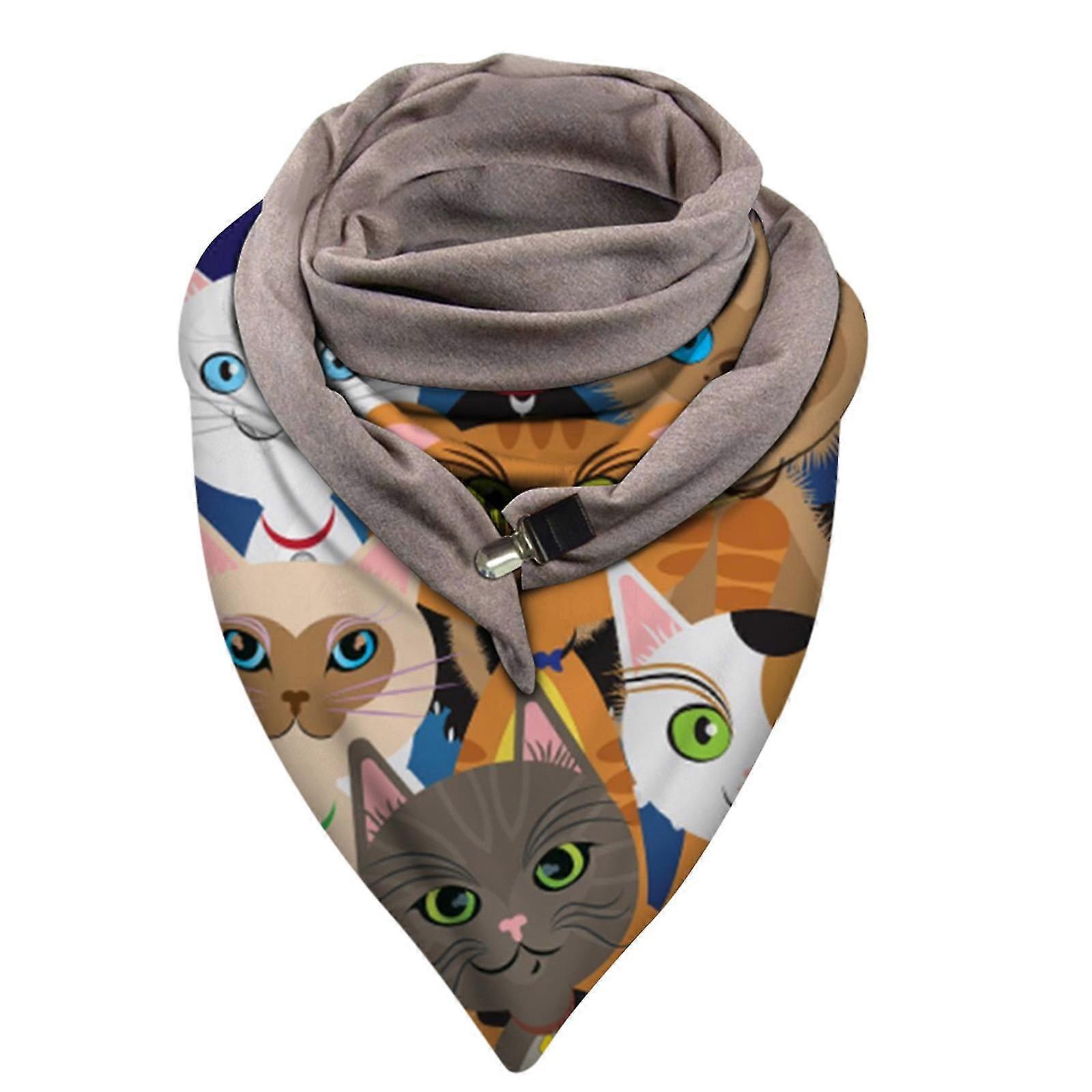 Universal Autumn Winter Warm Windproof Cat Prints Double-layer Buckle Scarf