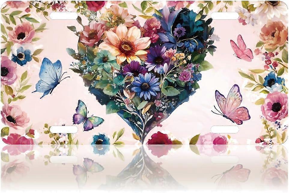Heart Shaped Flower & Butterfly License Plate Front License Plate Covers Decorative Car Aluminum Noverlty License Plate License Plate Tag Car Accessor