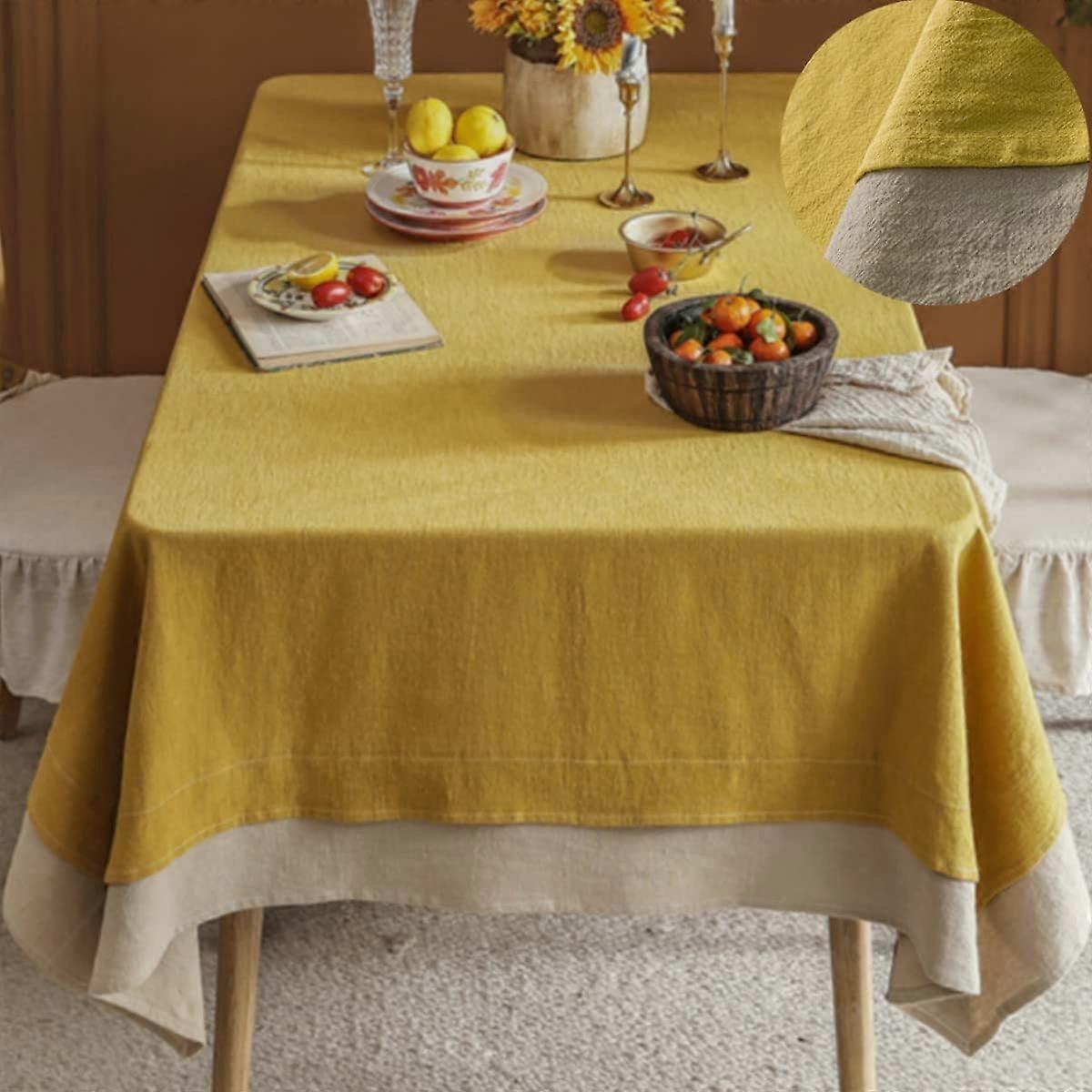 Cotton linen tablecloth yellow 56 x 70 inches,rectangular tablecloth yellow and beige patchwork tablecloth