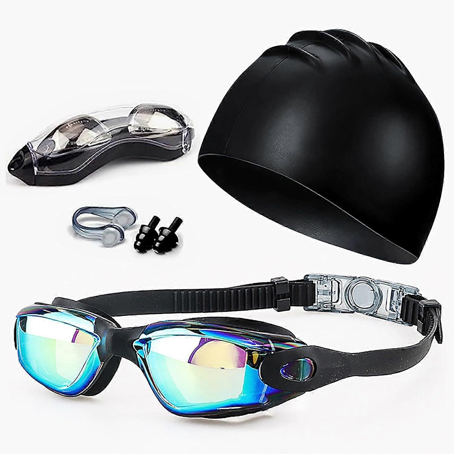 Swimming Goggles, Swimming Goggles, Swimming Cap, Nose Clip, and Ear Plugs Included, 3D Ergonomic Design, Soft Silicone Underwater Glasses