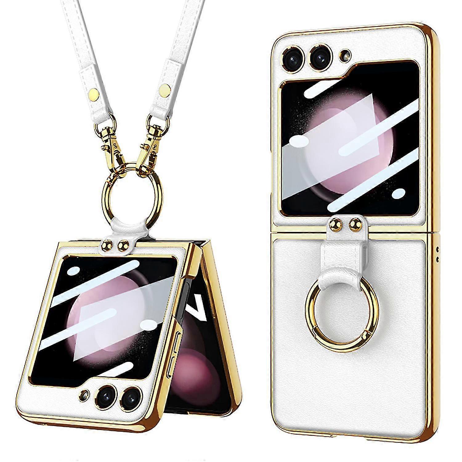 For Samsung Galaxy Z Flip5 5G PU Leather+PC Phone Case Ring Kickstand Electroplating Cover with Smal