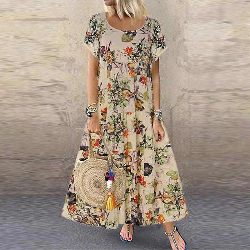 Plus Taille Femmes Floral Boho Maxi Robe Manches Courtes Été Kaftan Robe Soleil Douce