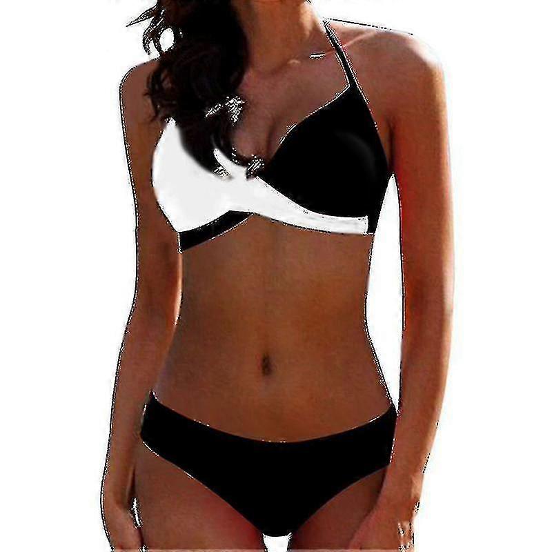 Női színes blokk bikini készlet párnázott push up fürdőruha fürdőruha Halter nyakú fürdőruha