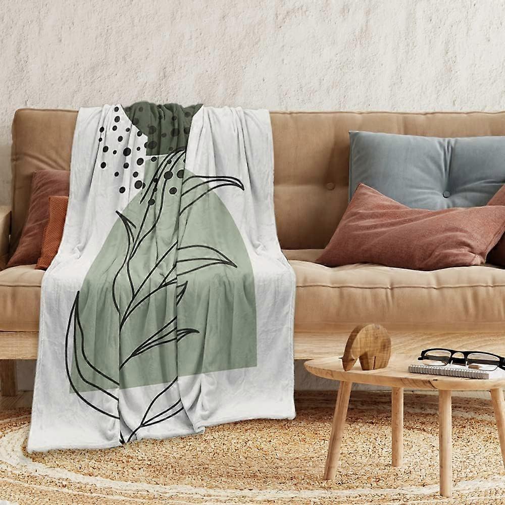 Sage Green Mid Century Flannel Throw Blankets Boho Abstract Leaf Thick Reversible Plush Fleece Blanket for Bed Couch Sofa,Geometric Minimalist Aesthet