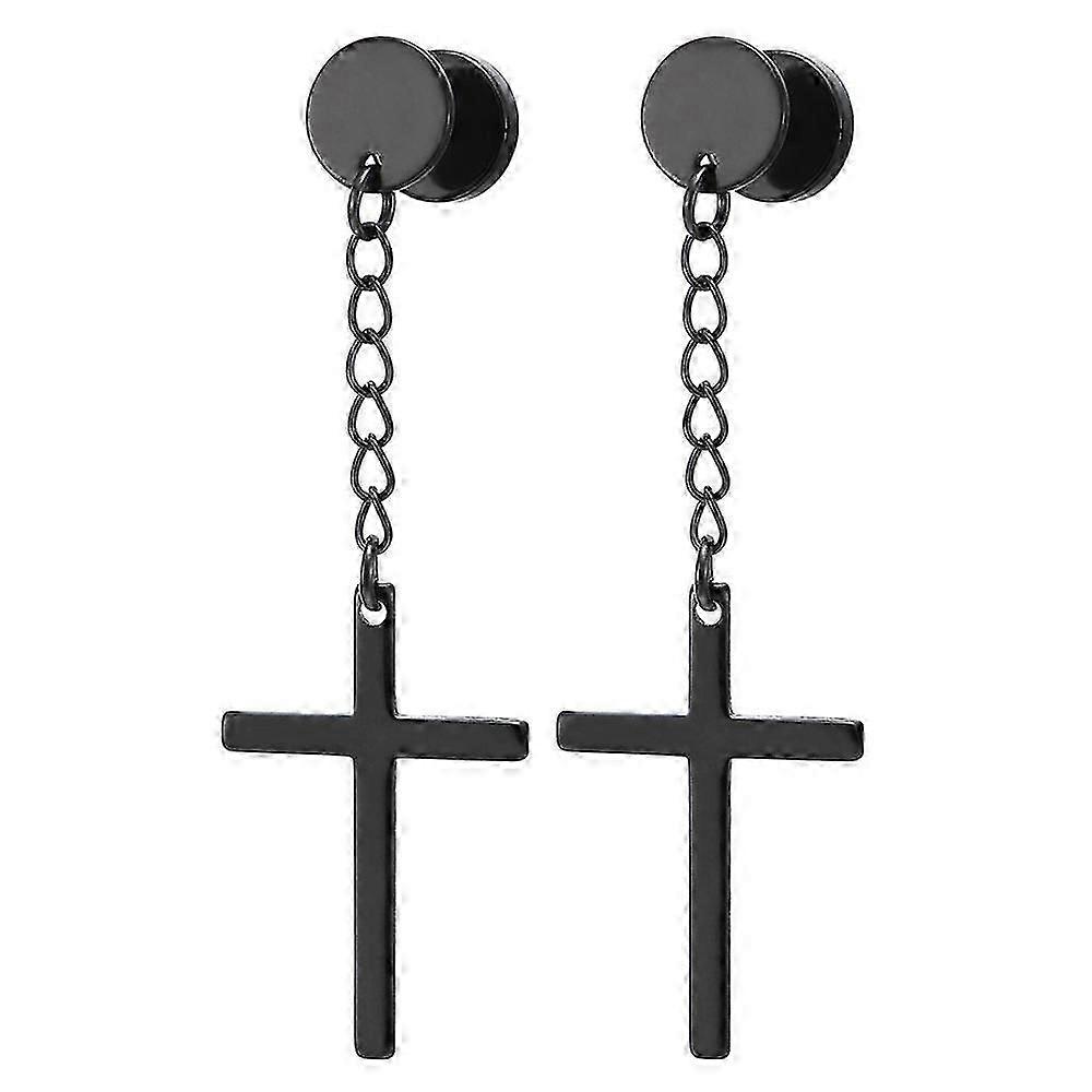 2 pcs Fake Plug Earrings with Hanging Cross - Black