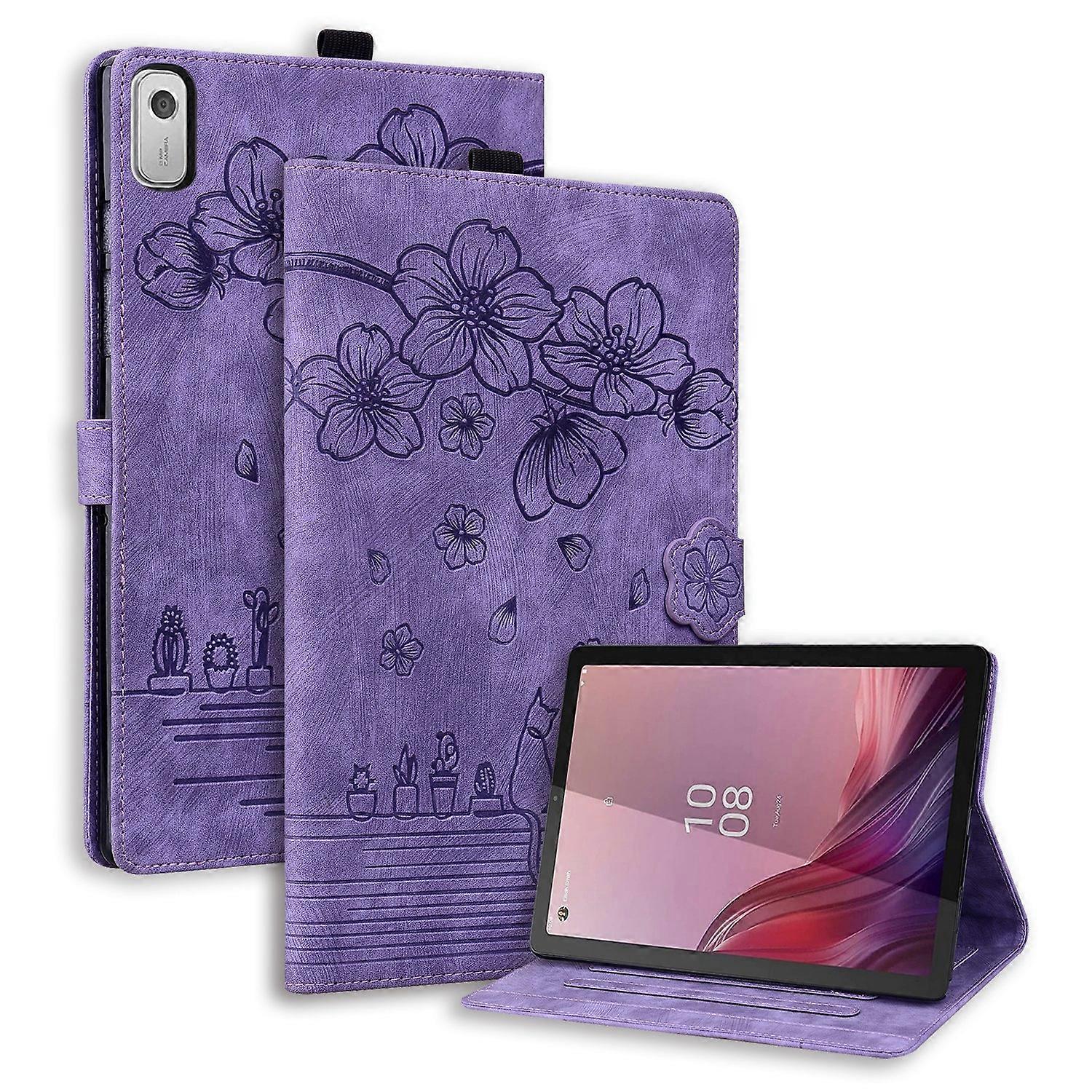 Cartoon Sakura Cat Embossed Leather Tablet Case
