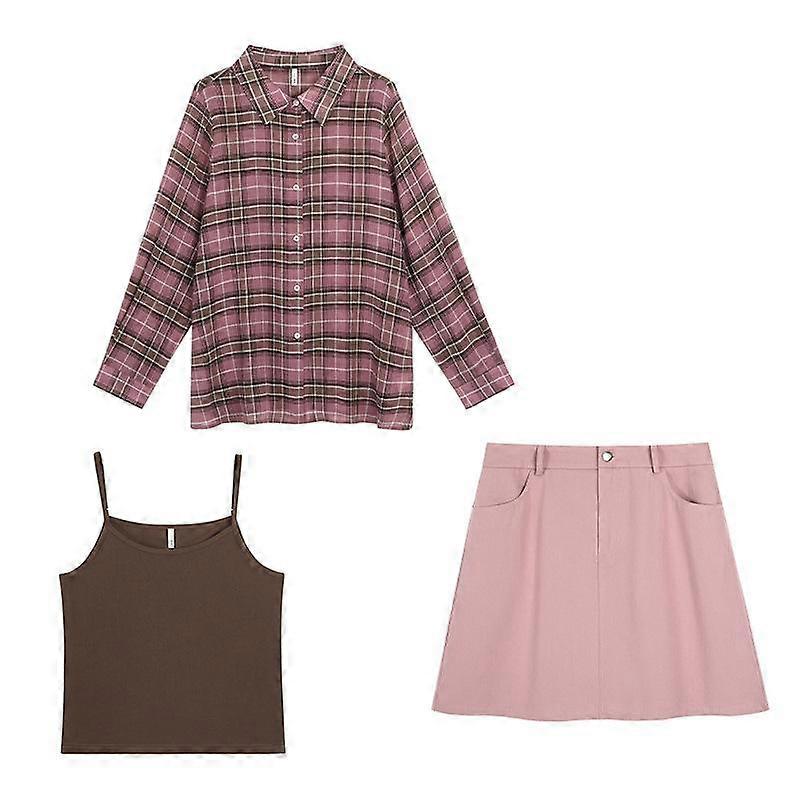 Completo da donna con gonna a scollo a V e maniche lunghe a quadri, taglie forti