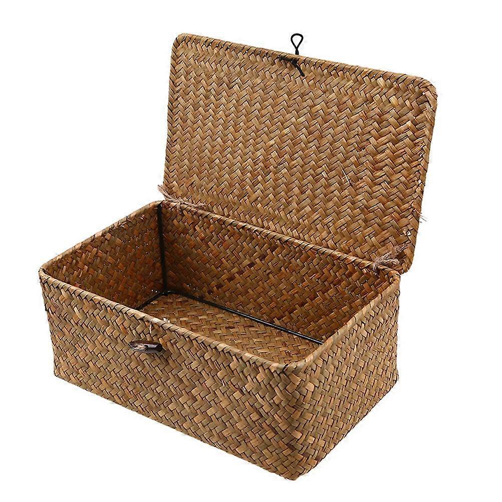 Wicker Storage Basket with Lid - Handwoven Seagrass Bins for Home Organization, Rattan Decorative Box, Large Size
