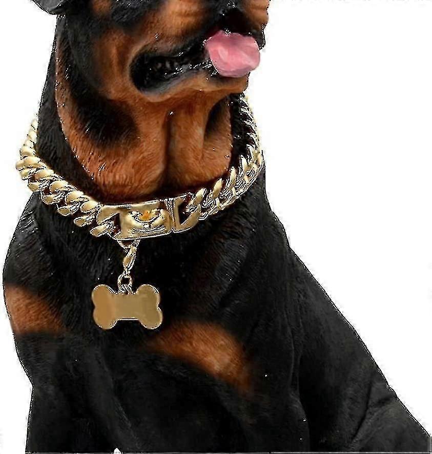 Gold Dog Chain Choke Collar,solid Cuban Link Strong, Heavy Duty Chew Resistant With Design Secure Bu