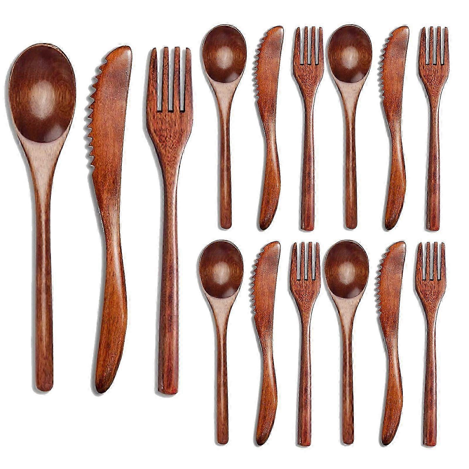 Set di 15 posate in legno, cucchiaio, forchetta, coltello, utensili da cucina in legno, posate in legno da tavola
