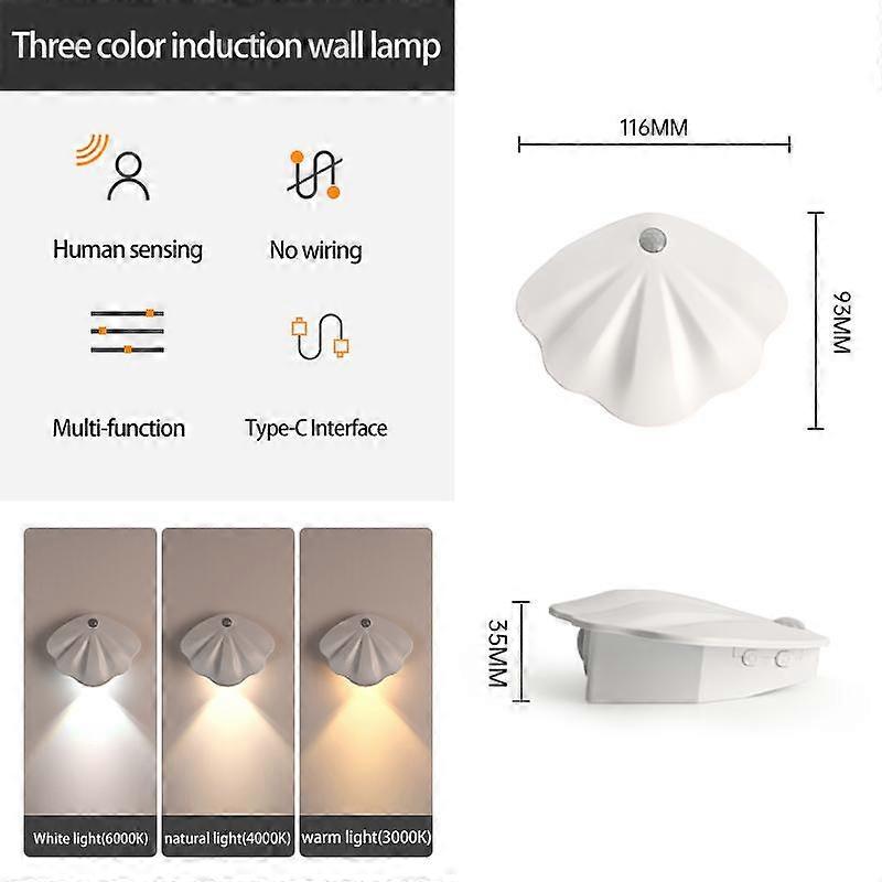 LED Night Light Motion Sensor Shell Shaped Spotlight USB Type C Rechargeable Bedroom Corridor Staircase Mural Decorative Light