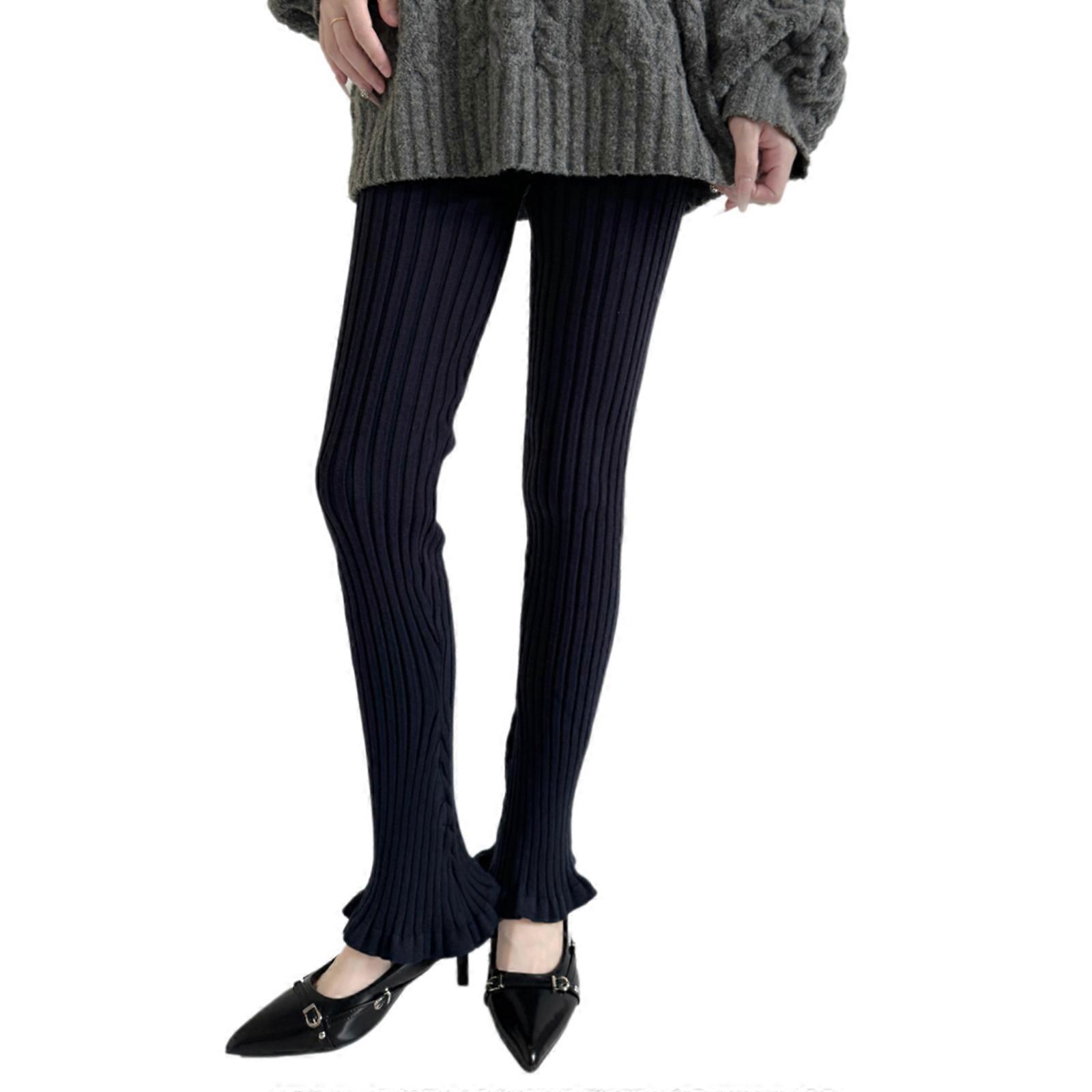 Fashionable Women's Knit Trousers with Flare Designs High Elasticity Enhancing Leg Shape Suitable for Work and Leisure Navy blue