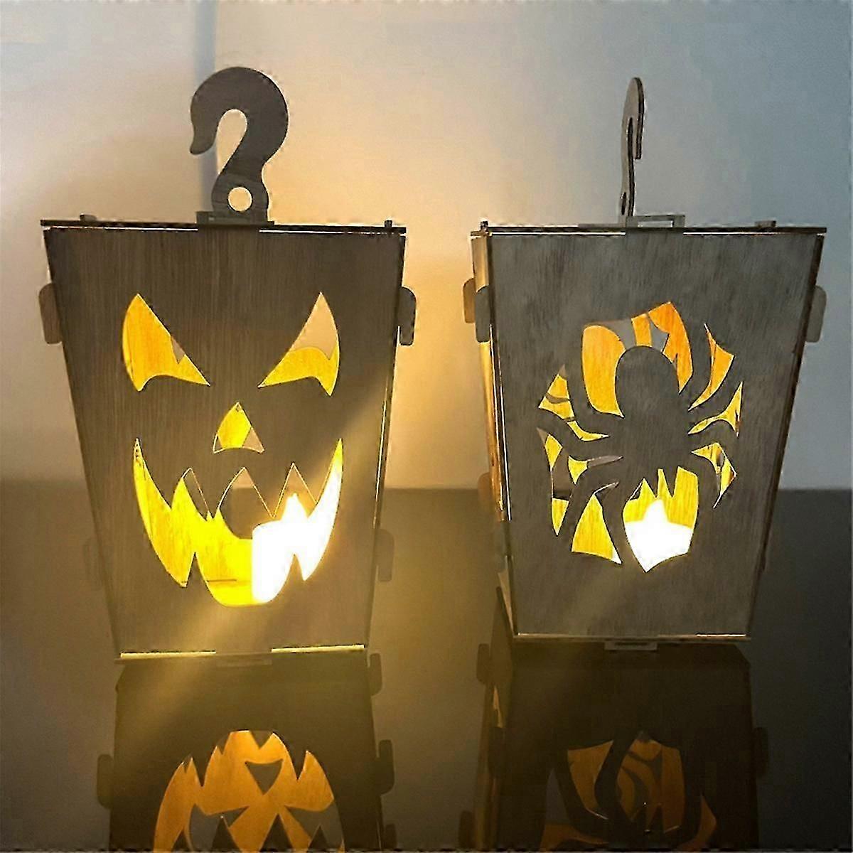 ハロウィーン木製照明付きカボチャテーブルトップ、ライトアップカボチャゴーストランプランタンシャドーボックスハロウィーンデコレーションD