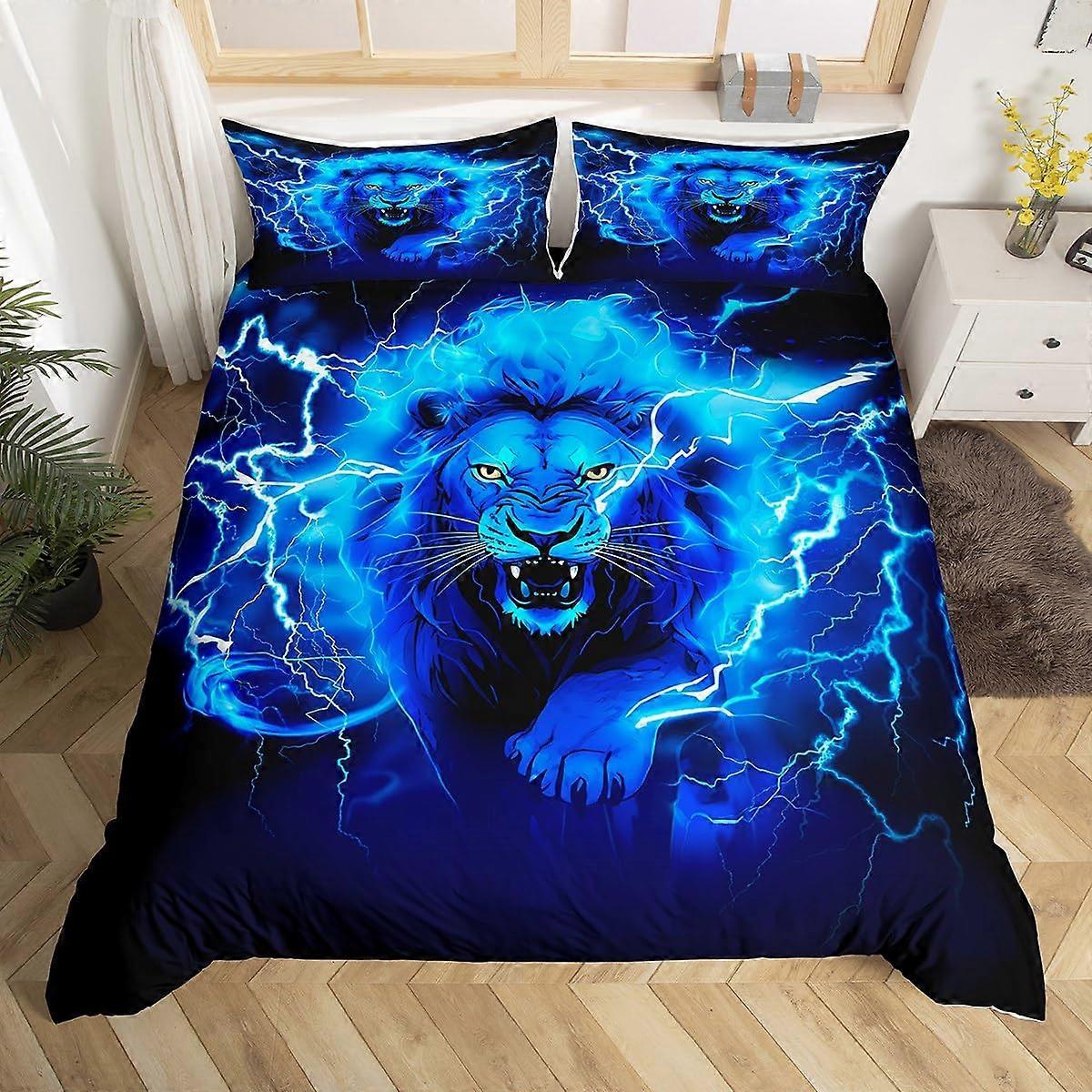 Lion Duvet Cover Set Full Size Blue Lightning Lion Print Bedding Set for Kids and Teens 3-Piece with 2 Pillowcases