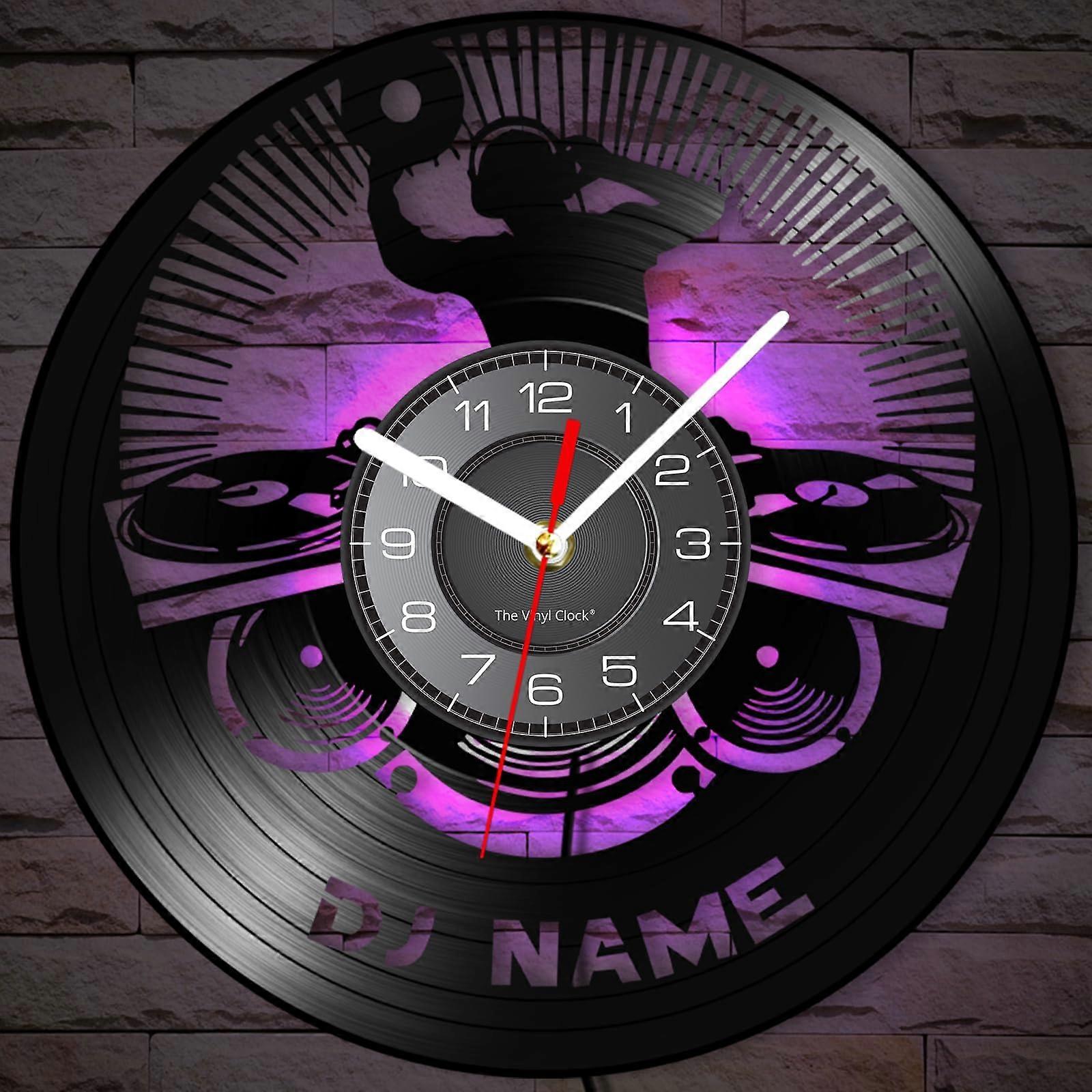 12 Inch DJ Name Clock with 7 Color Changing LED, Custom Vinyl Record Silent Non-Ticking Wall Clock for Music Room Gifts
