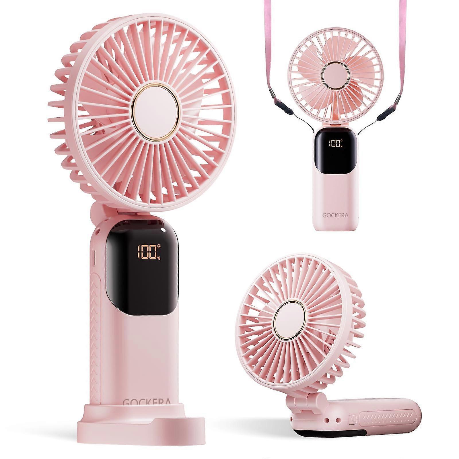 Fan Rechargeable 4200mAh Battery-Powered 5-Speed 3-In-1 Personal Fan With Digital Display 180-Degree Foldable Pink