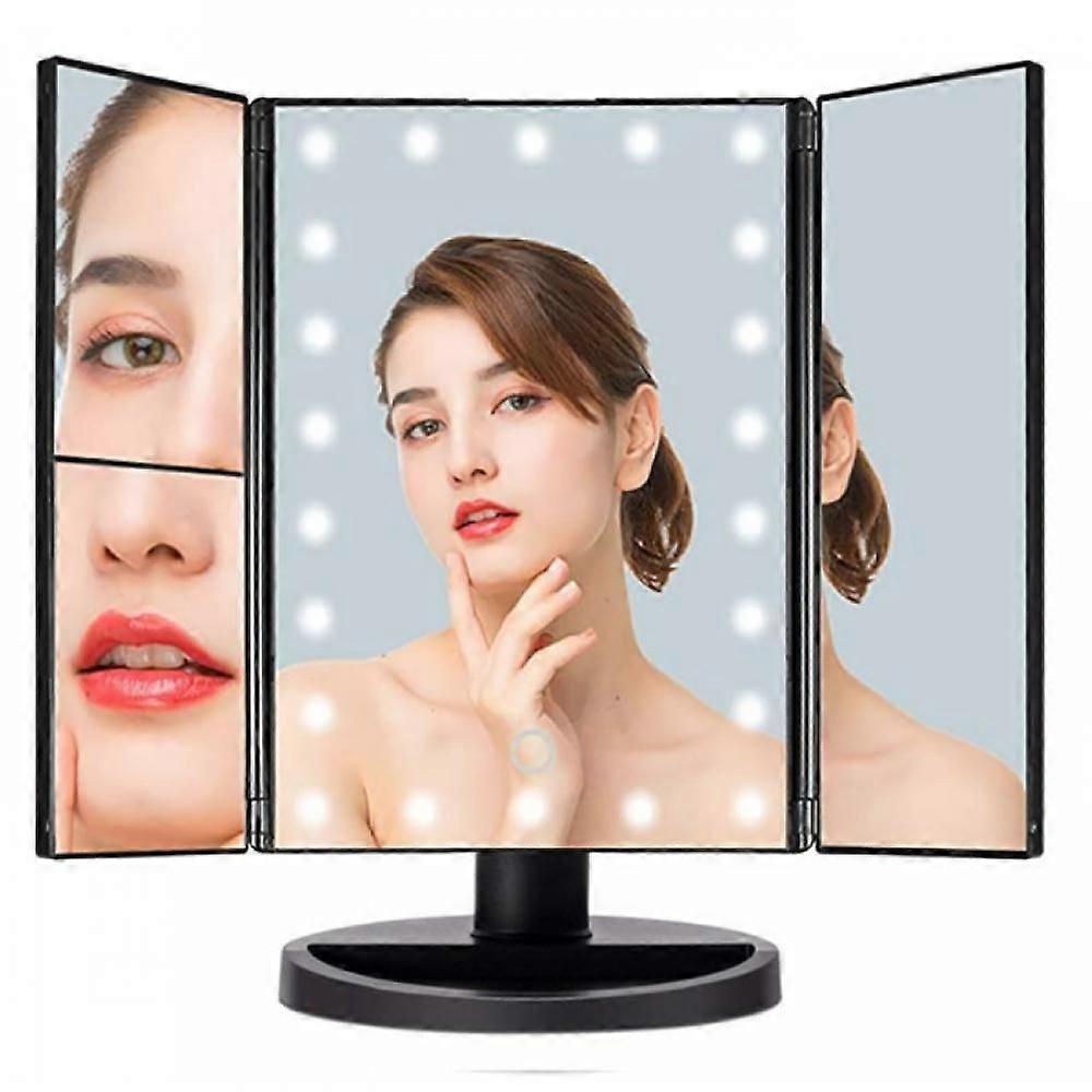 Vanity Makeup Mirror, Tri-fold Lighted  with3x/2x/10x Magnification,22LEDs Light and Touch Screen,180Degree Free Rotation Countertop Cosmetic Mirror,T