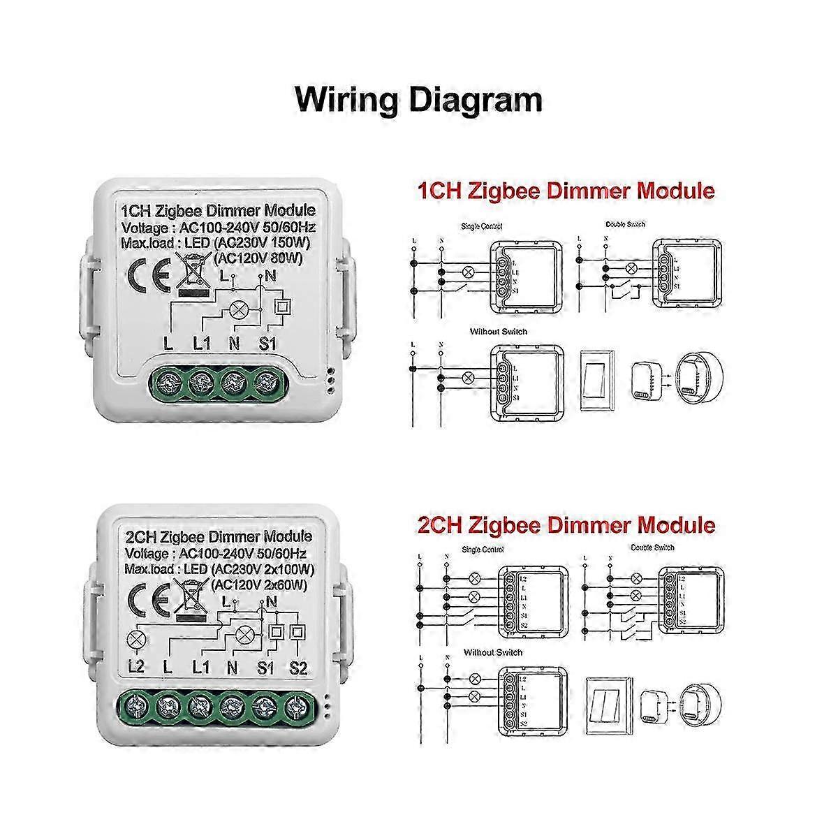 ZigBee Smart Dimmer Switch Module 2-Way Control 10A 220-240V Alexa Compatible DIY Installation