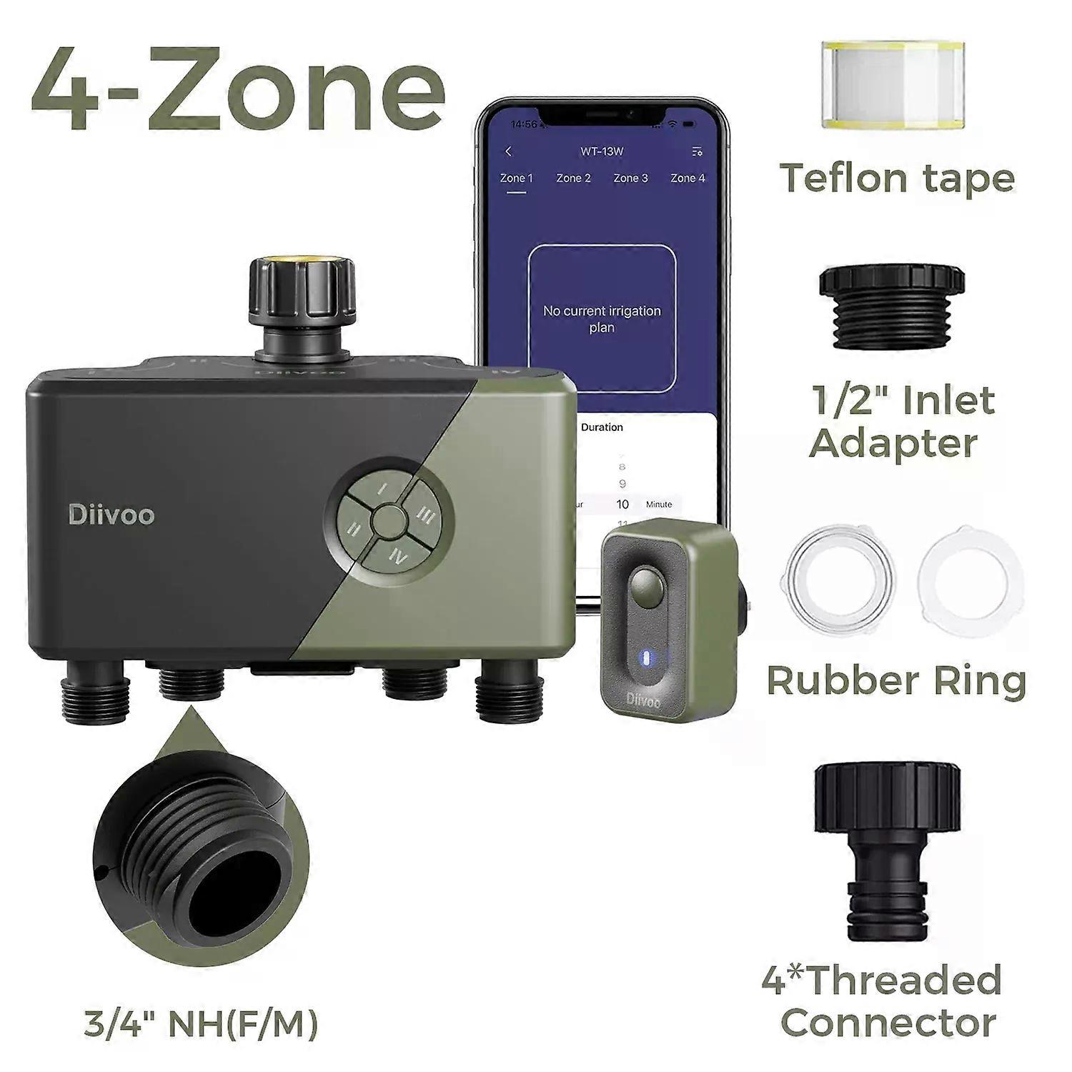 Diivoo Garden Water Timer 4 Zones Smart WiFi Sprinkler Automatic Irrigation Timer with Rain Delay Manual Watering for Lawn Yard
