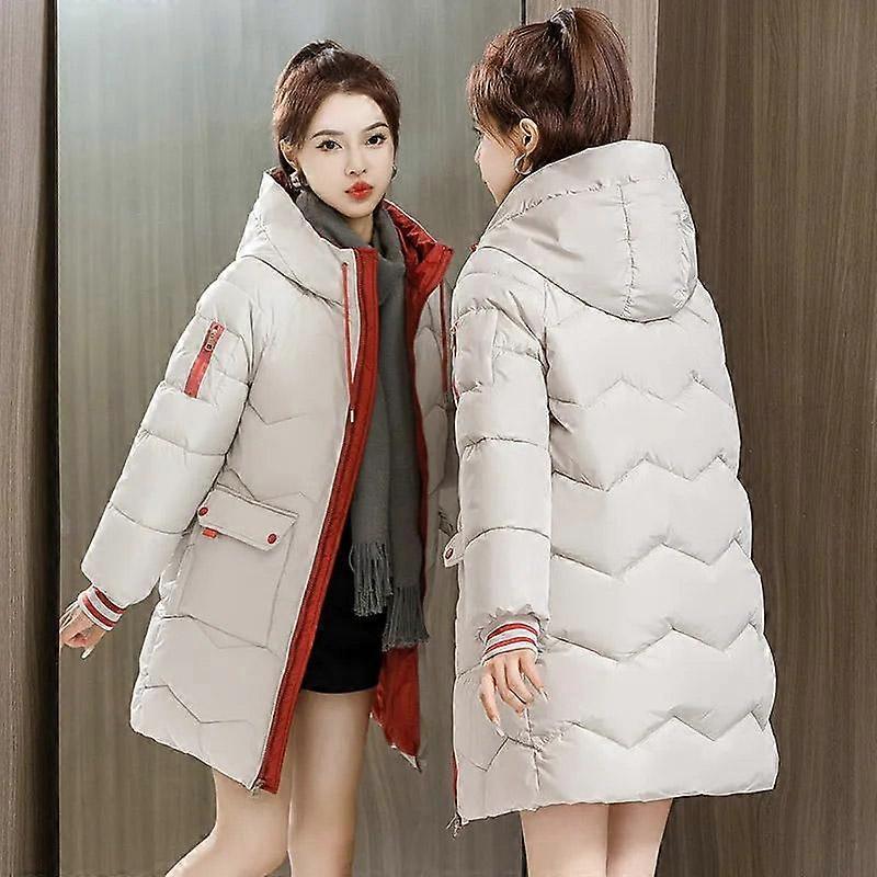 Cotton Jacket Women Medium-length Autumn and Winter Warm Thickened Loose Big Yards Jacket Hooded Comfortable Leisure Solid Color Jacket