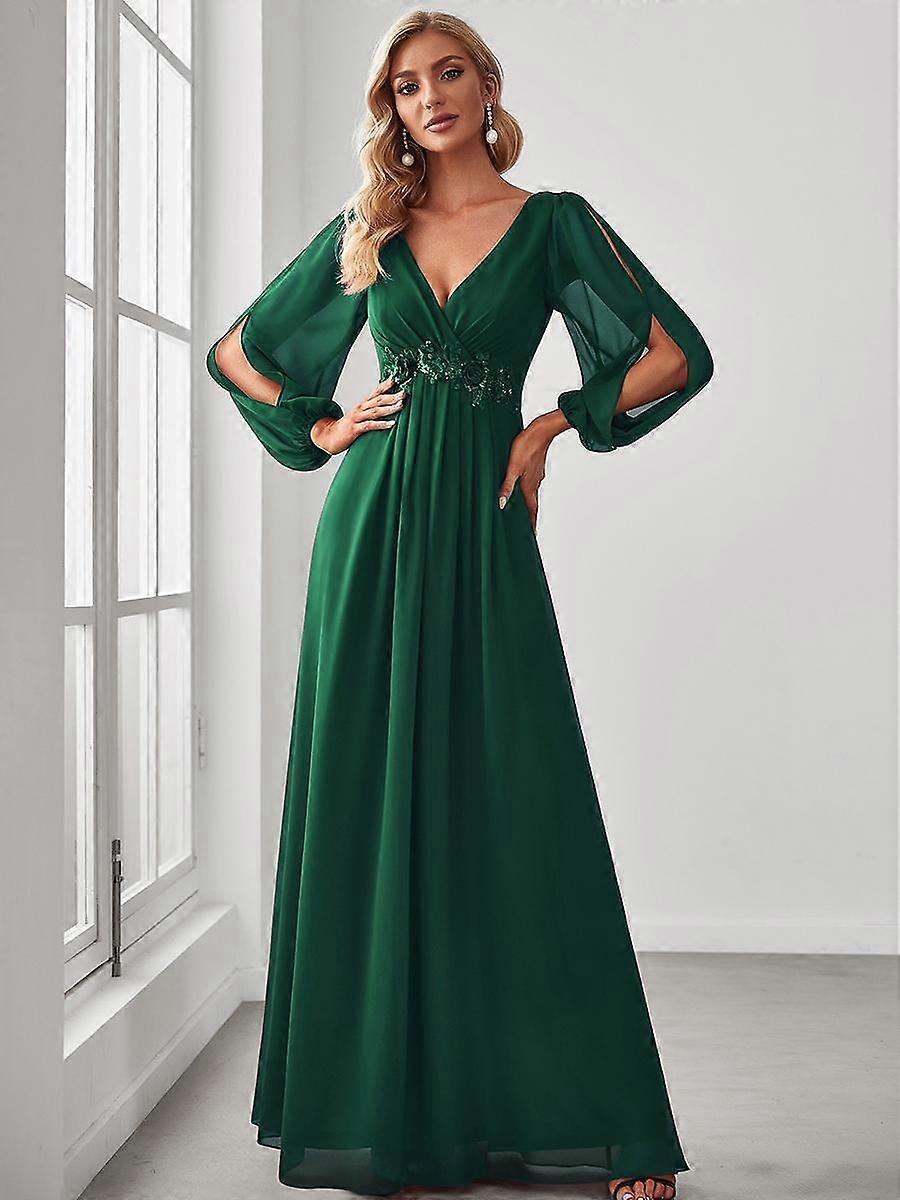 Ever-Pretty Femei Lungime Podea Mâneci Lungi Lanternă Rochii de Seară Șifon Adânc Decolteu în V Applique Rochie de Nuntă
