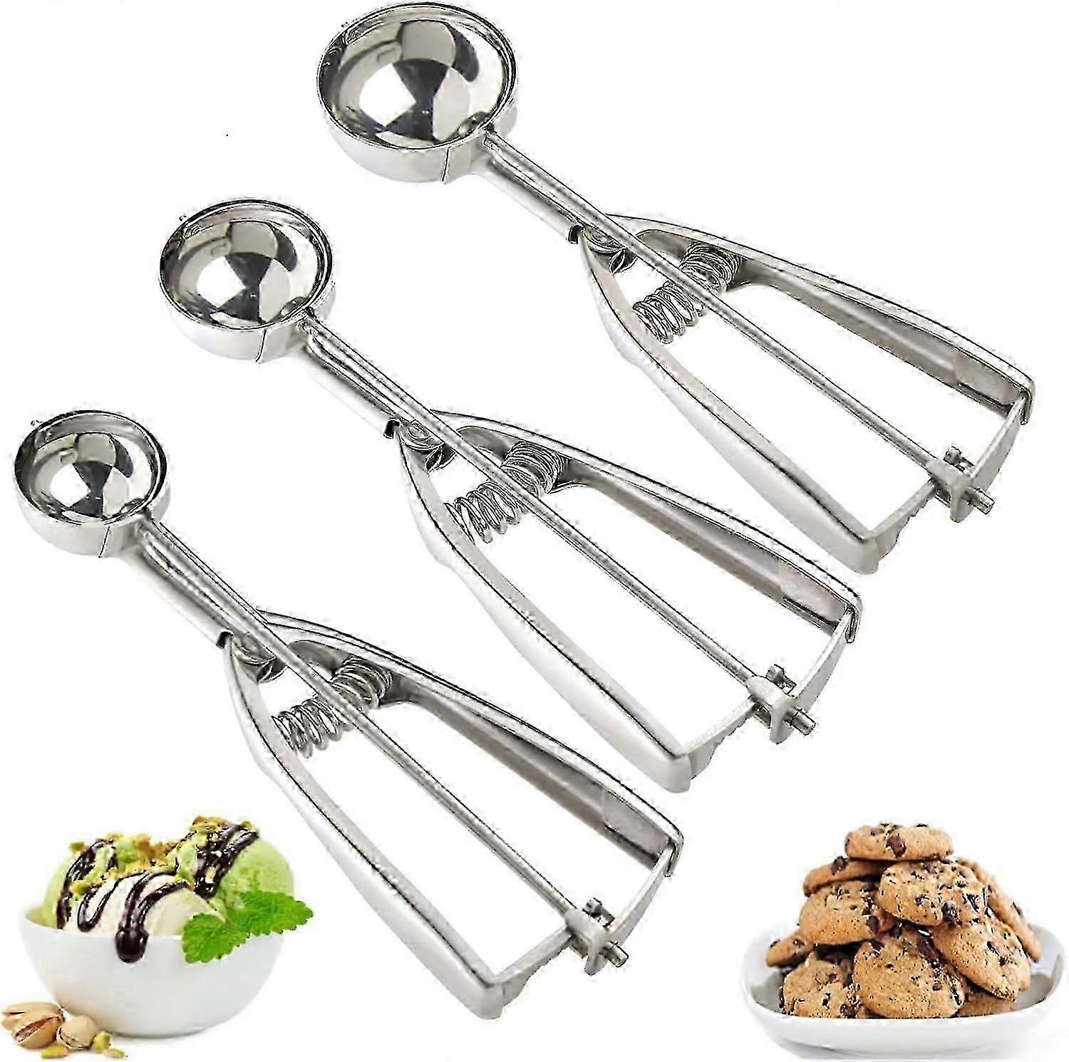 3Pcs Stainless Steel Cookie & Ice Cream Scoop Set with Trigger Release