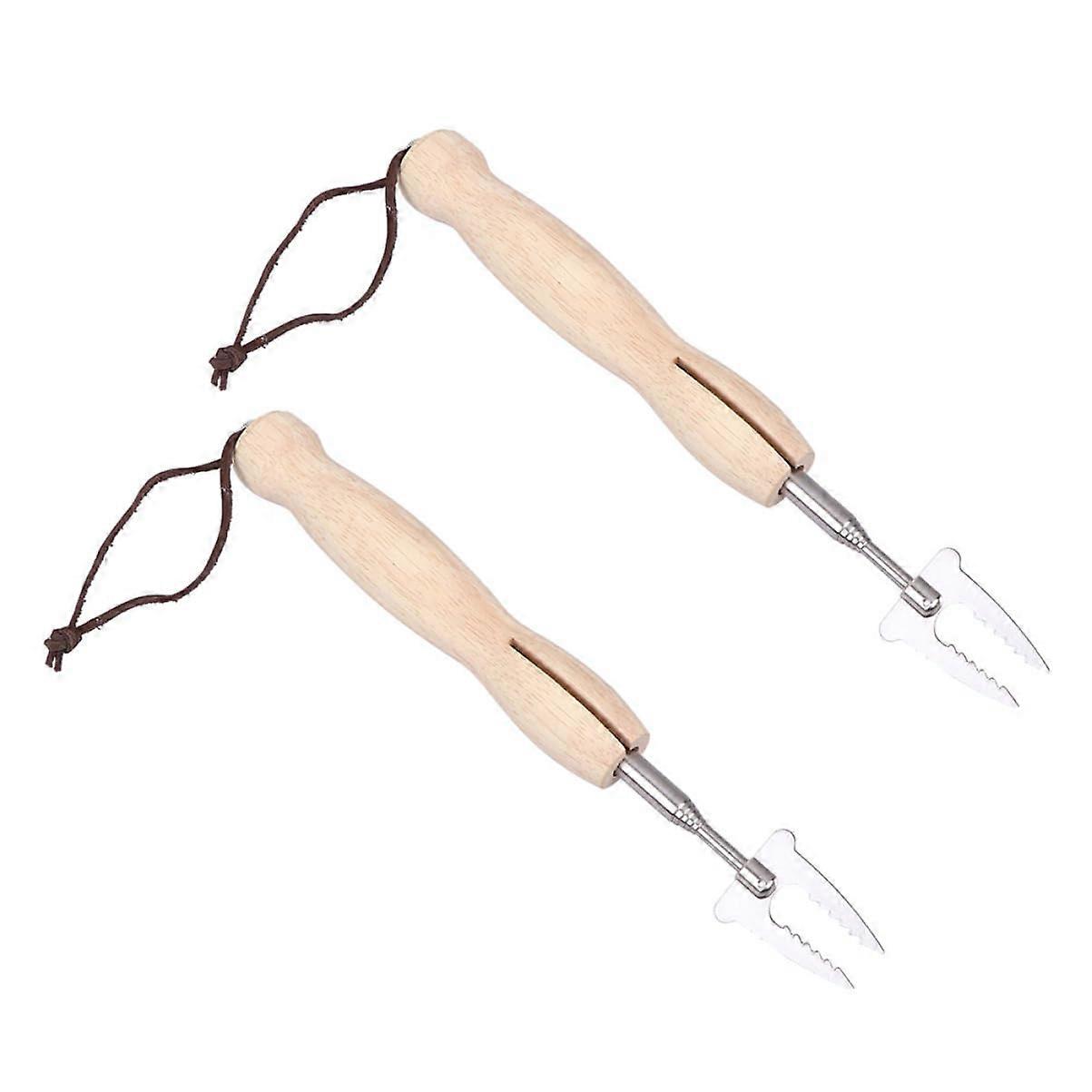 2 pieces telescopic grill fork small skewer outdoors handle versatile meat fork camping supply versatile food fork made of stainless steel wood